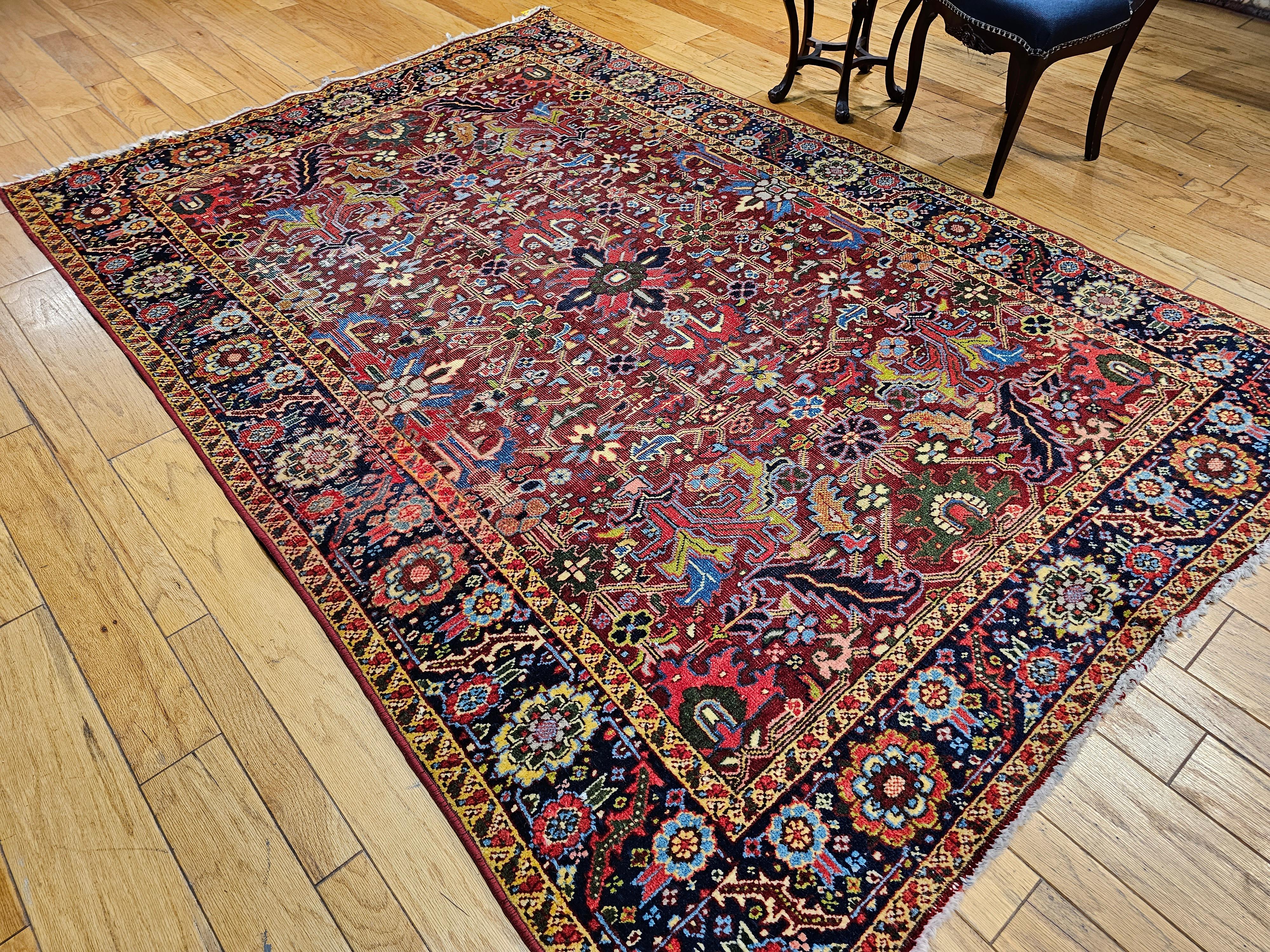 Vintage Persian Heriz Serapi in an All-Over Pattern in Red, Yellow, Green, Pink For Sale 6