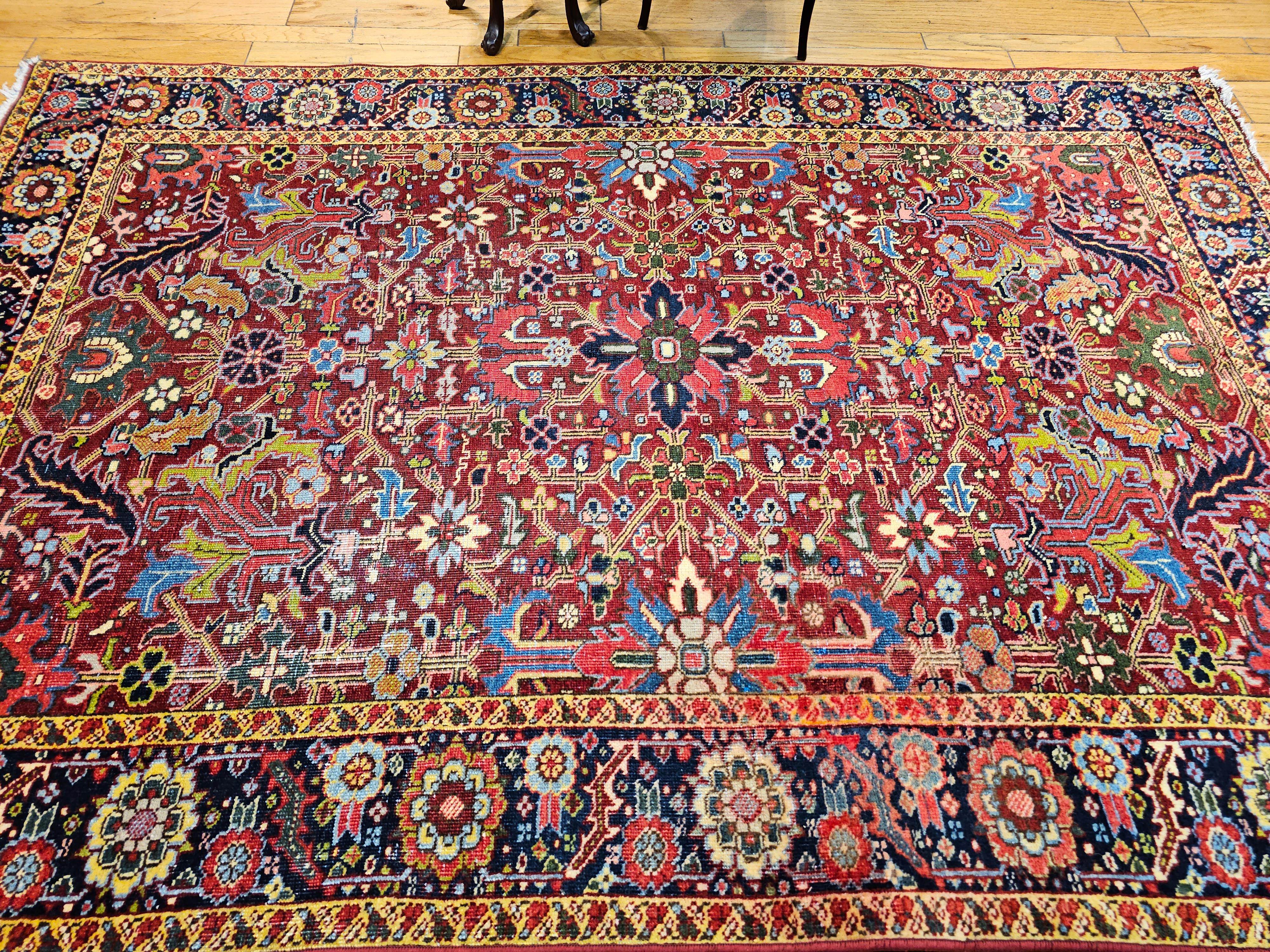 Vintage Persian Heriz Serapi in an All-Over Pattern in Red, Yellow, Green, Pink For Sale 8