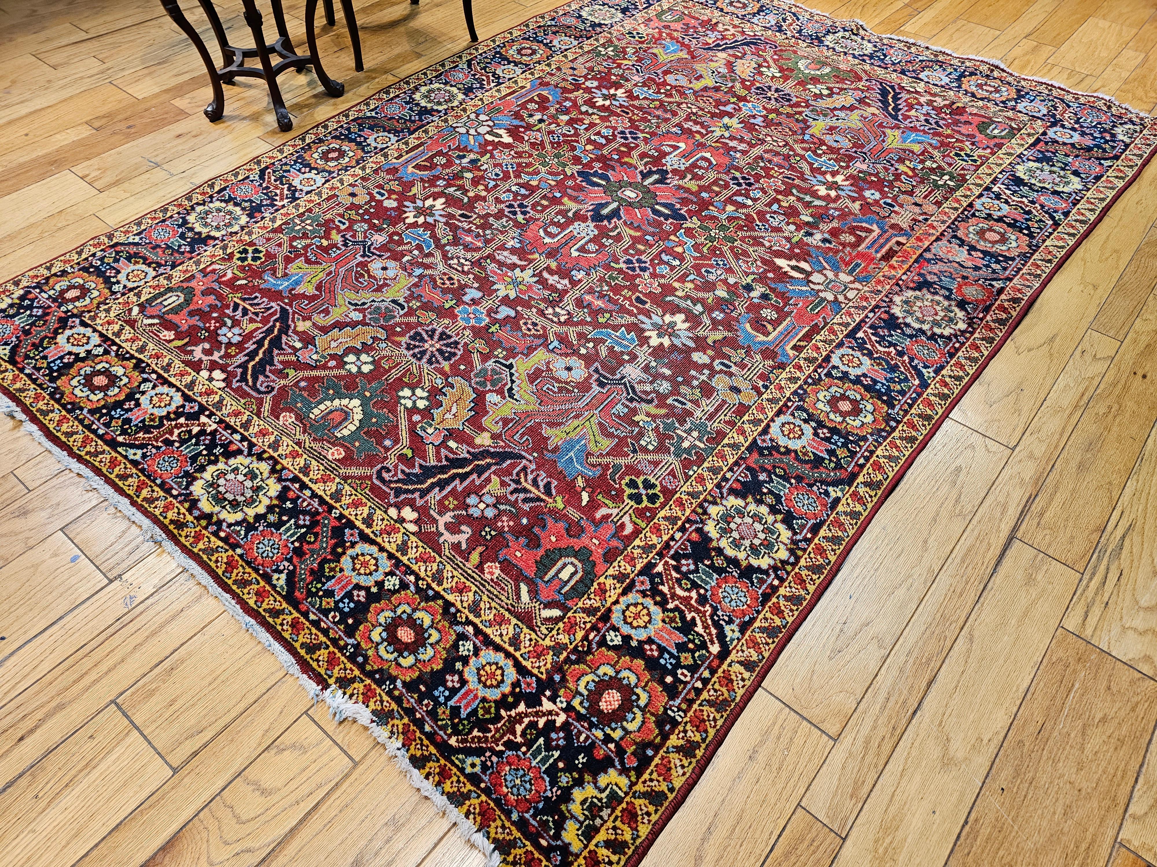Vintage Persian Heriz Serapi in an All-Over Pattern in Red, Yellow, Green, Pink For Sale 10