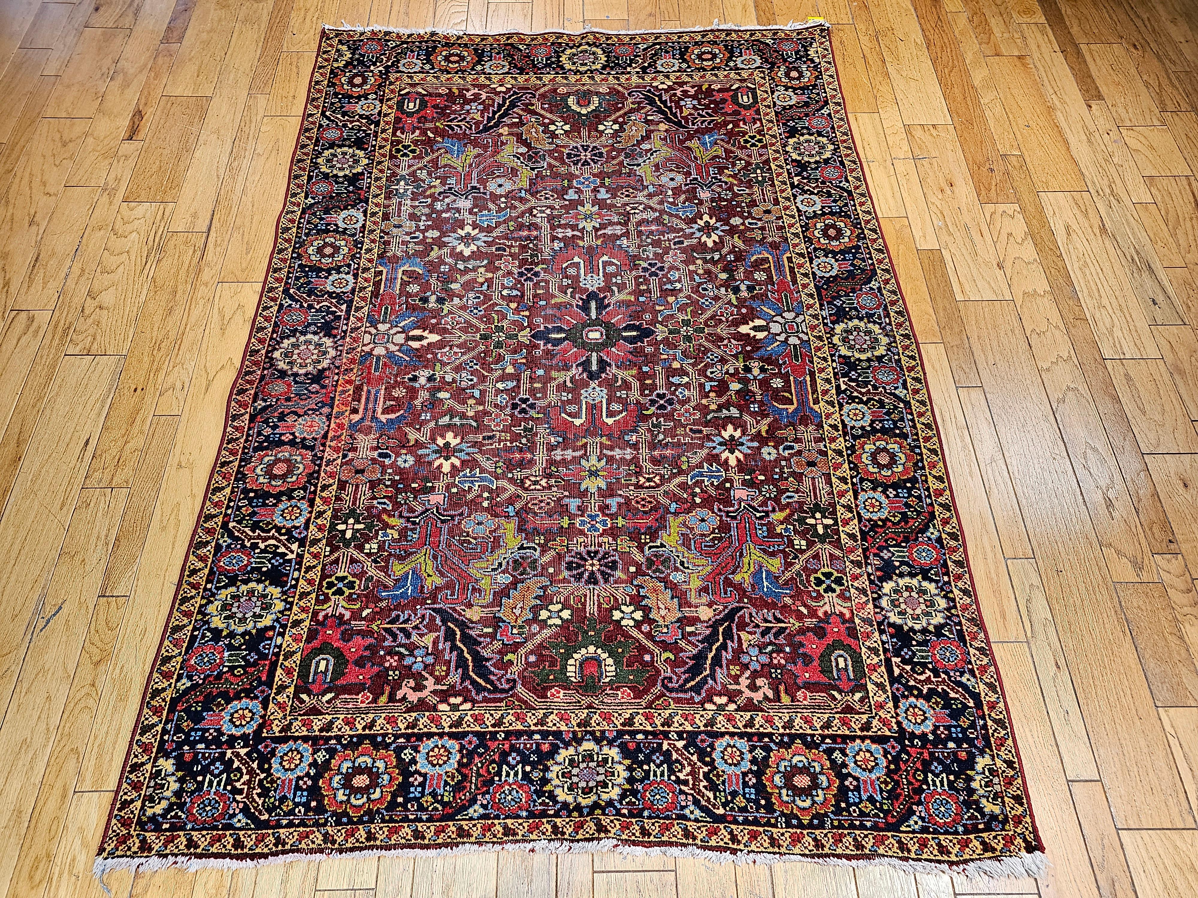 Vintage Persian Heriz Serapi in an All-Over Pattern in Red, Yellow, Green, Pink For Sale 12