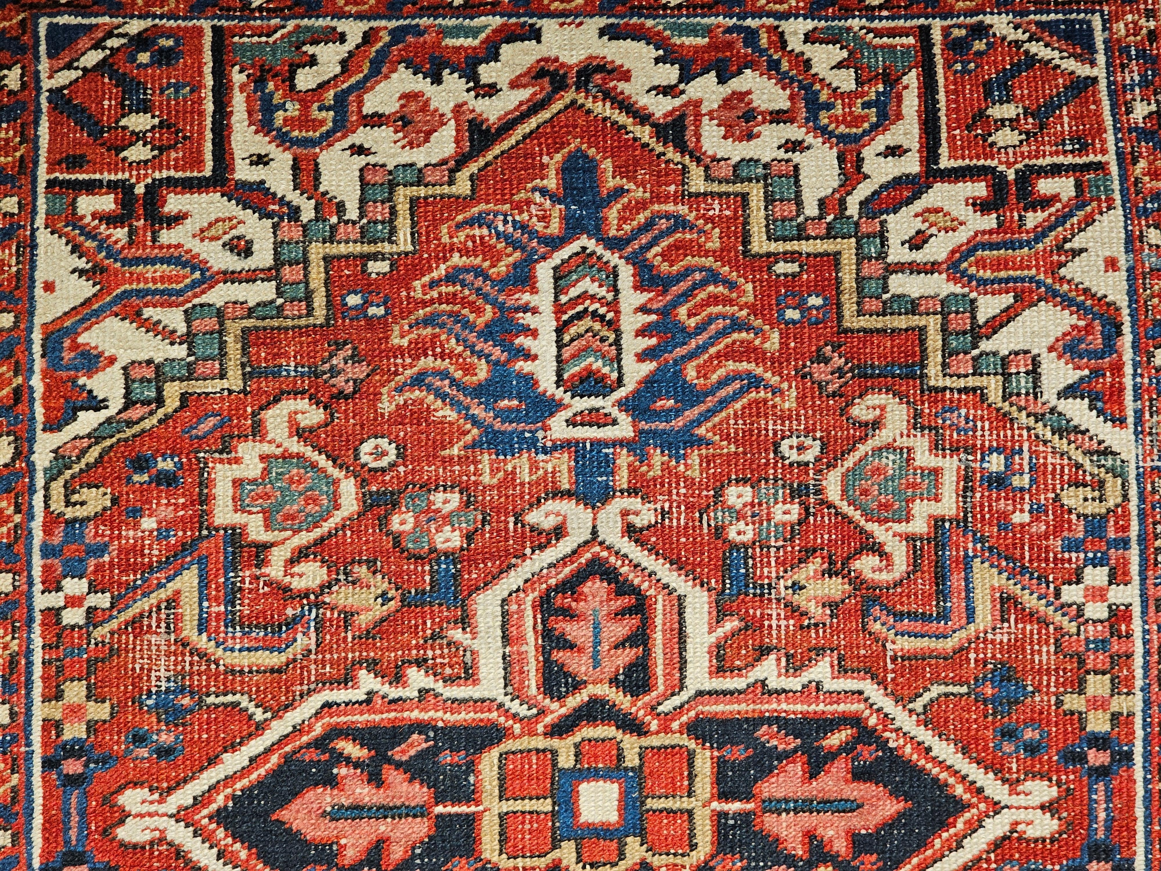 Vintage Persian Heriz Serapi Near Square Area Rug in Green, Blue, Ivory, Red For Sale 4