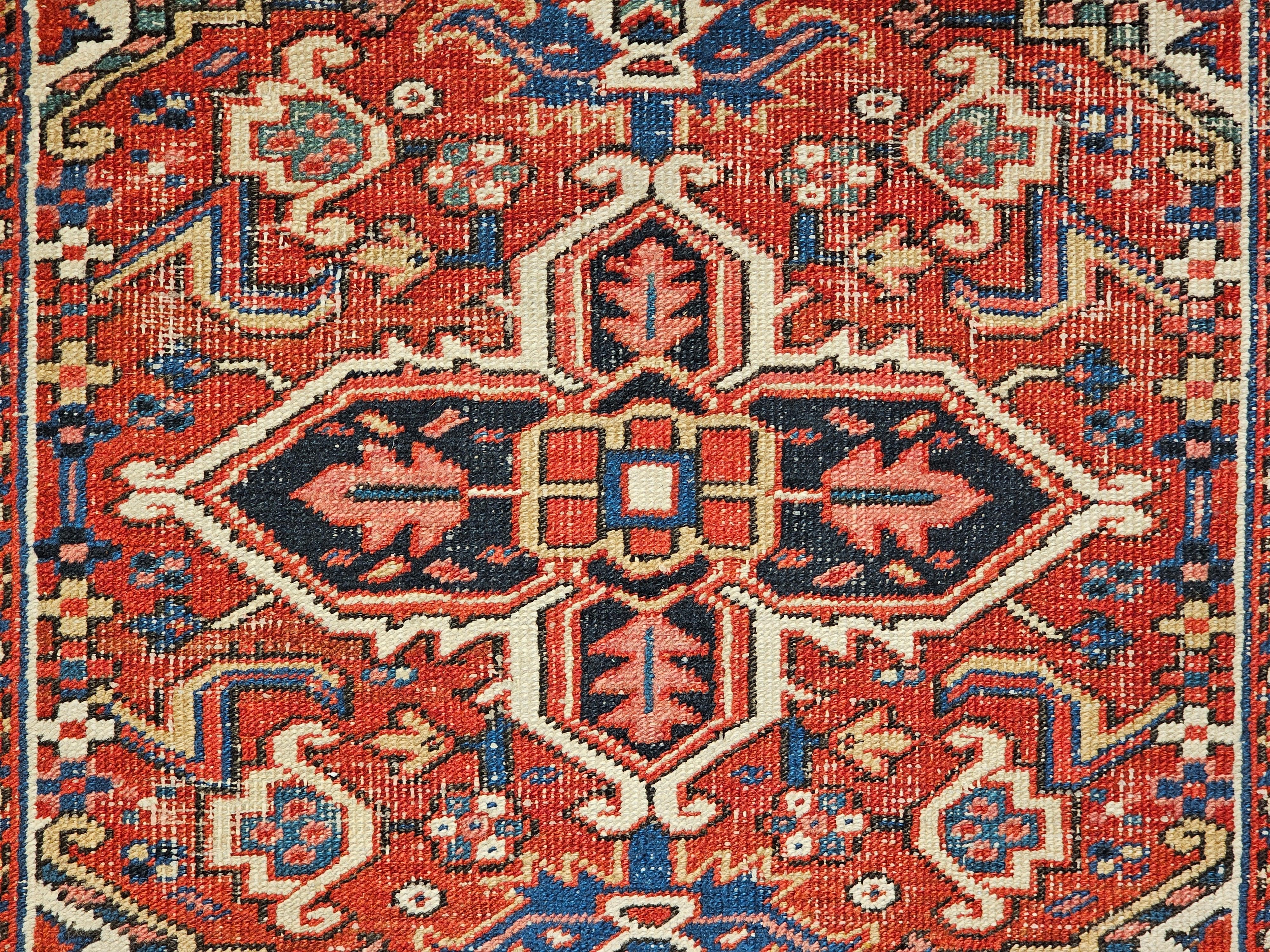 Vintage Persian Heriz Serapi Near Square Area Rug in Green, Blue, Ivory, Red For Sale 5