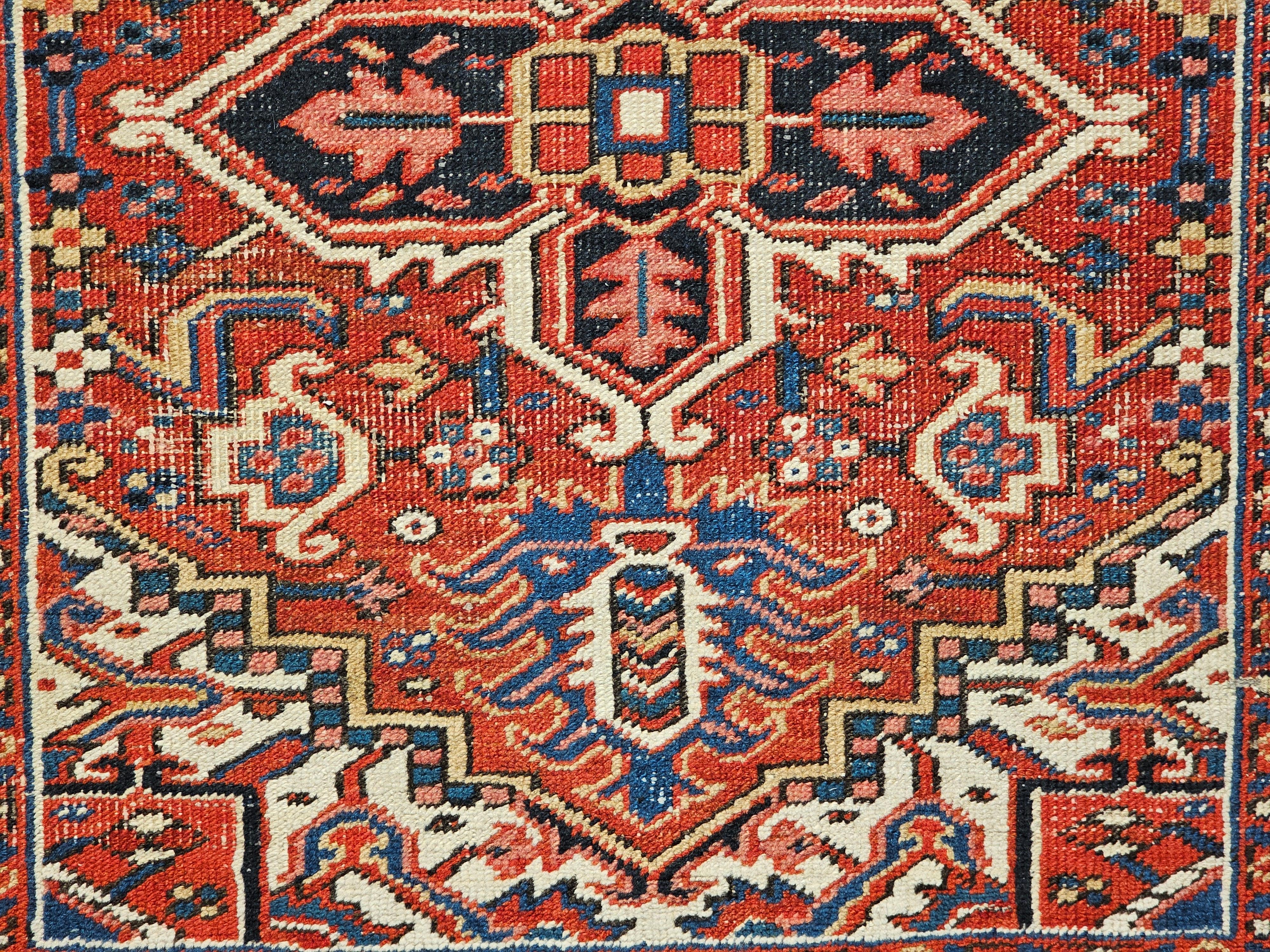 Vintage Persian Heriz Serapi Near Square Area Rug in Green, Blue, Ivory, Red For Sale 6