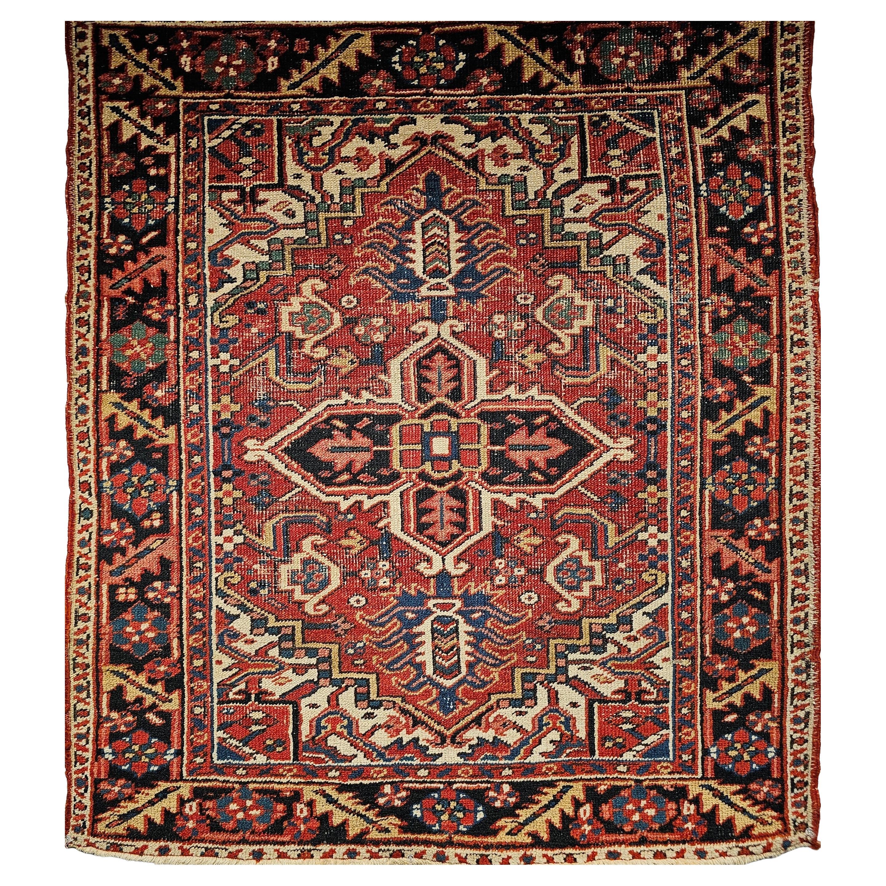 Vintage Persian Heriz Serapi Near Square Area Rug in Green, Blue, Ivory, Red