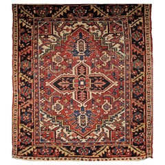 Vintage Persian Heriz Serapi Near Square Area Rug in Green, Blue, Ivory, Red