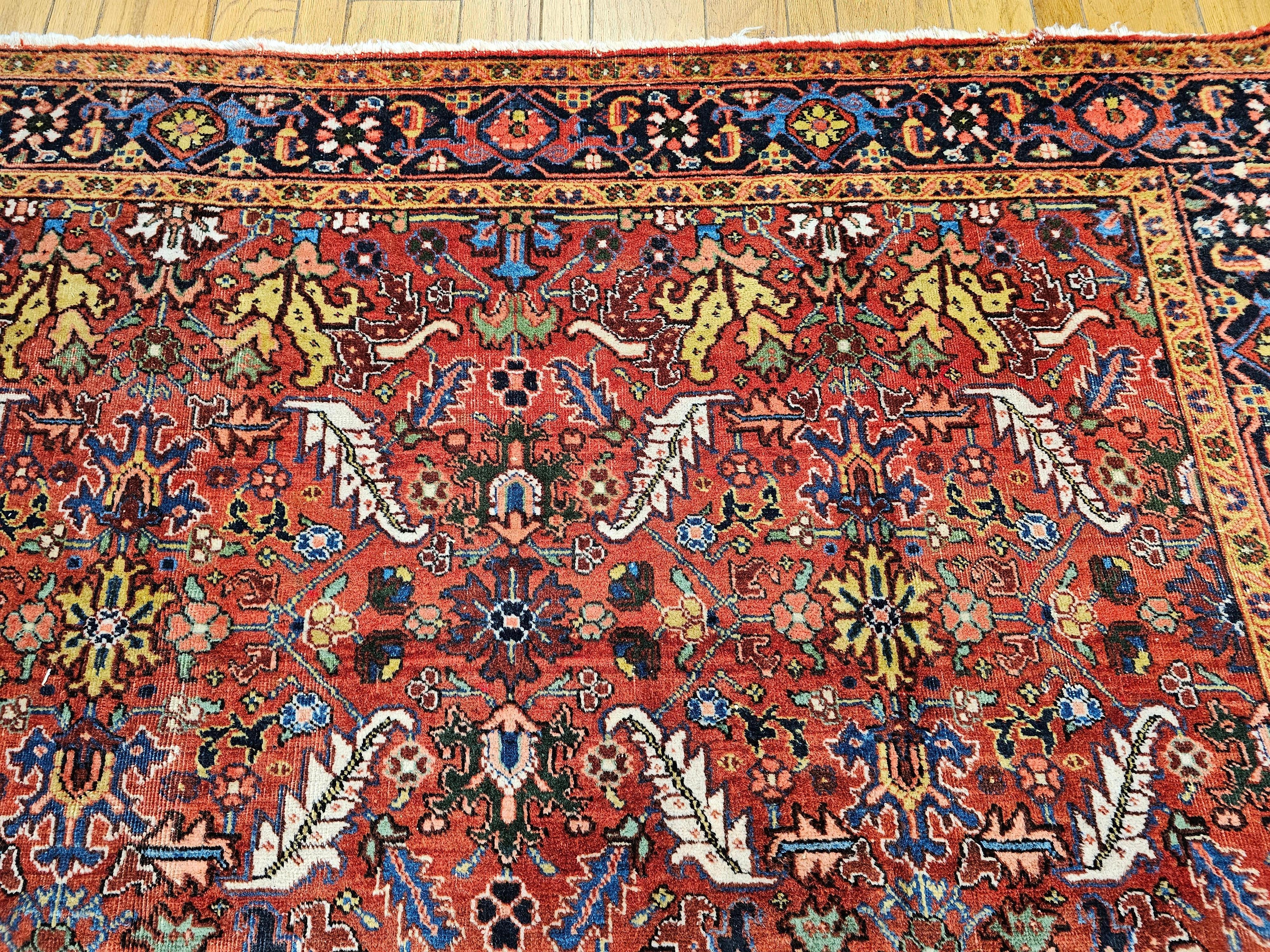 Vintage Persian Heriz Serapi Room Size Rug in Allover Pattern in Red, Blue, Pink For Sale 4
