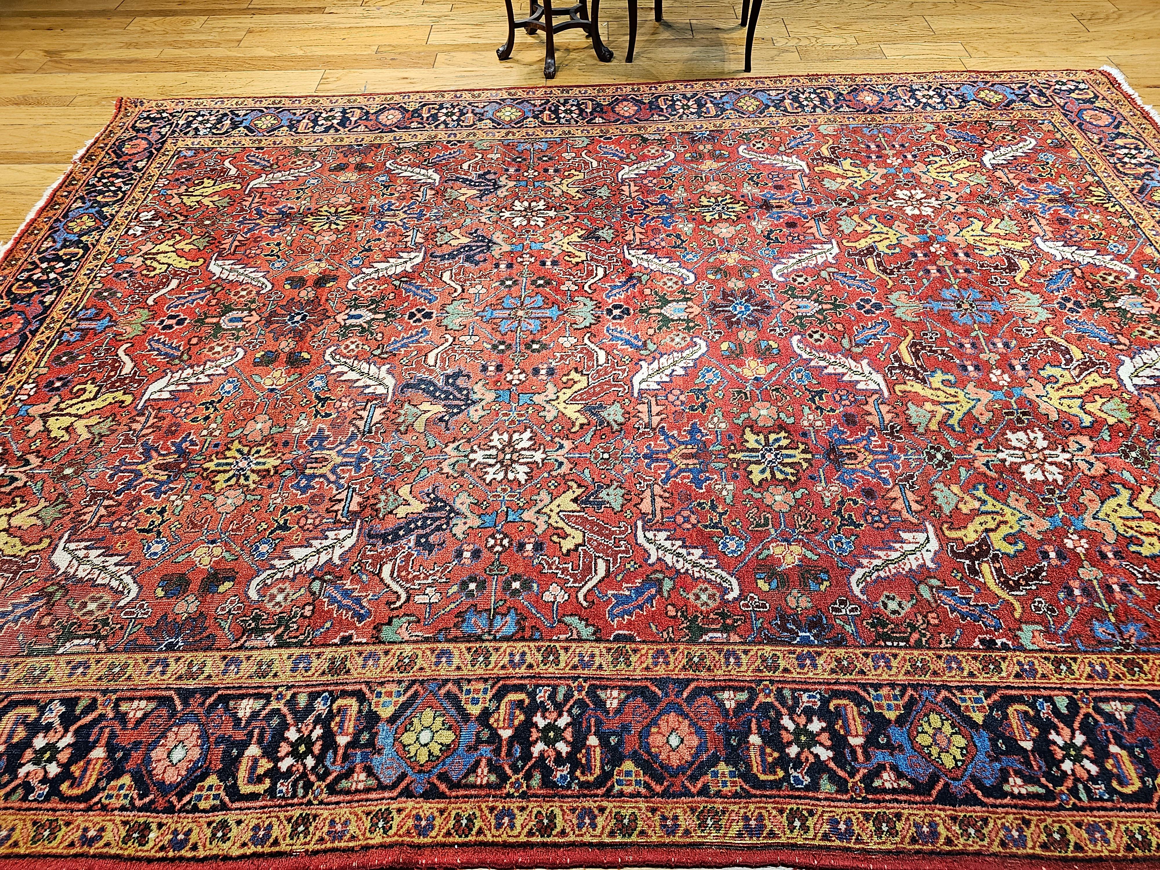 Vintage Persian Heriz Serapi Room Size Rug in Allover Pattern in Red, Blue, Pink For Sale 7