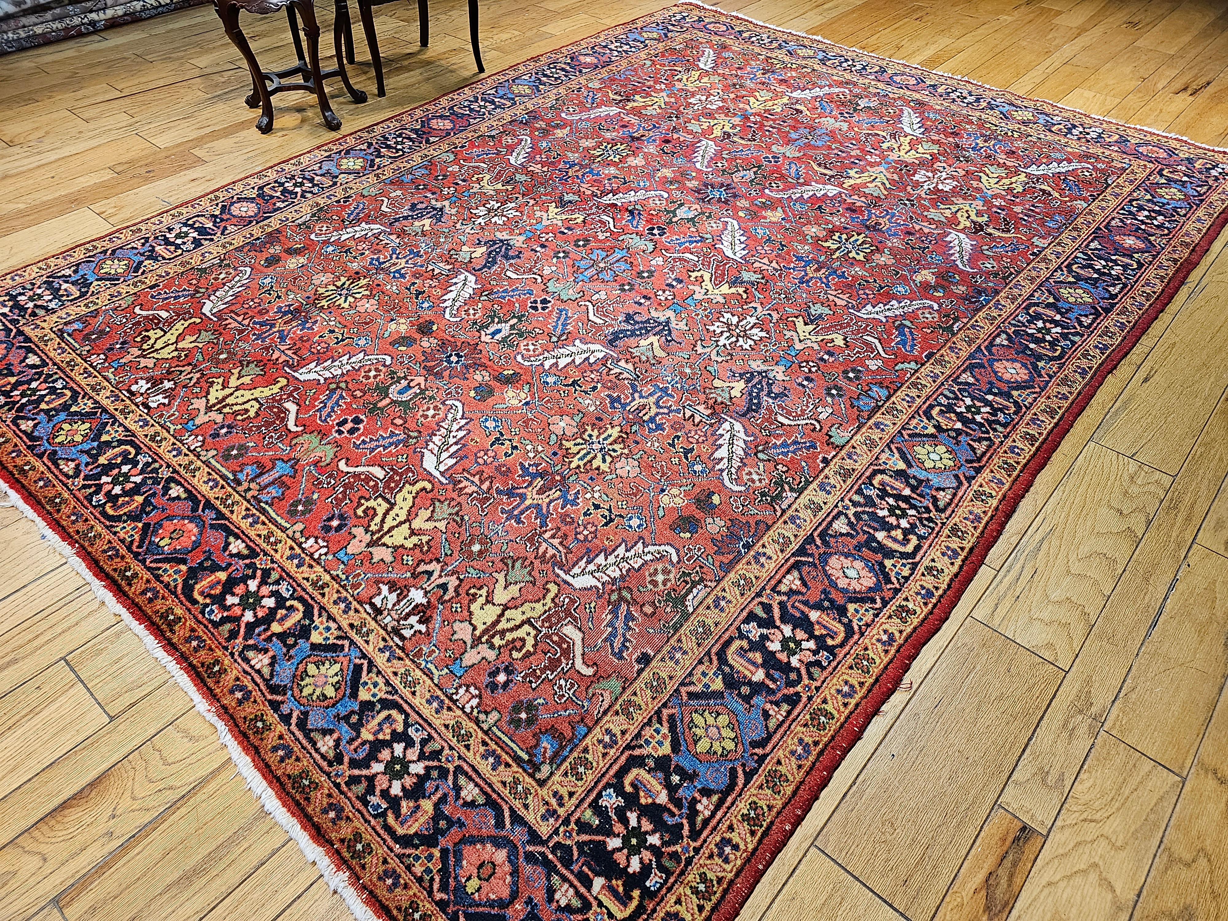 Vintage Persian Heriz Serapi Room Size Rug in Allover Pattern in Red, Blue, Pink For Sale 8