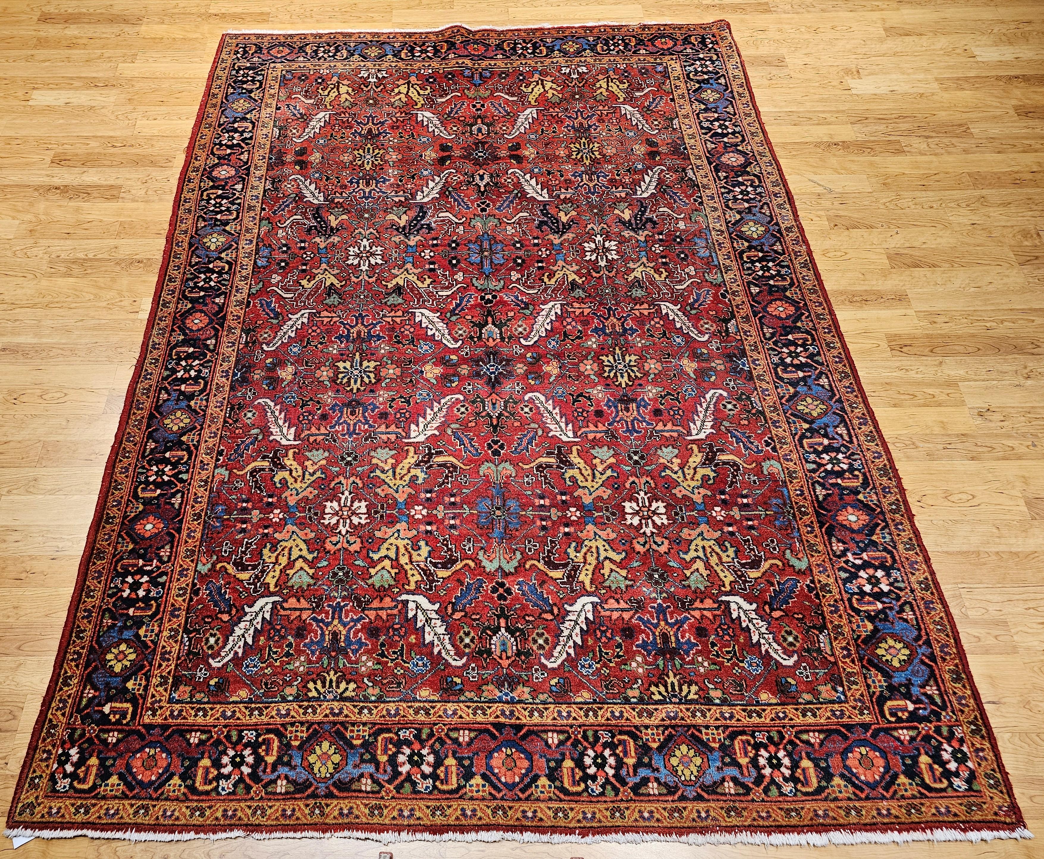 Vintage Persian Heriz Serapi Room Size Rug in Allover Pattern in Red, Blue, Pink For Sale 9