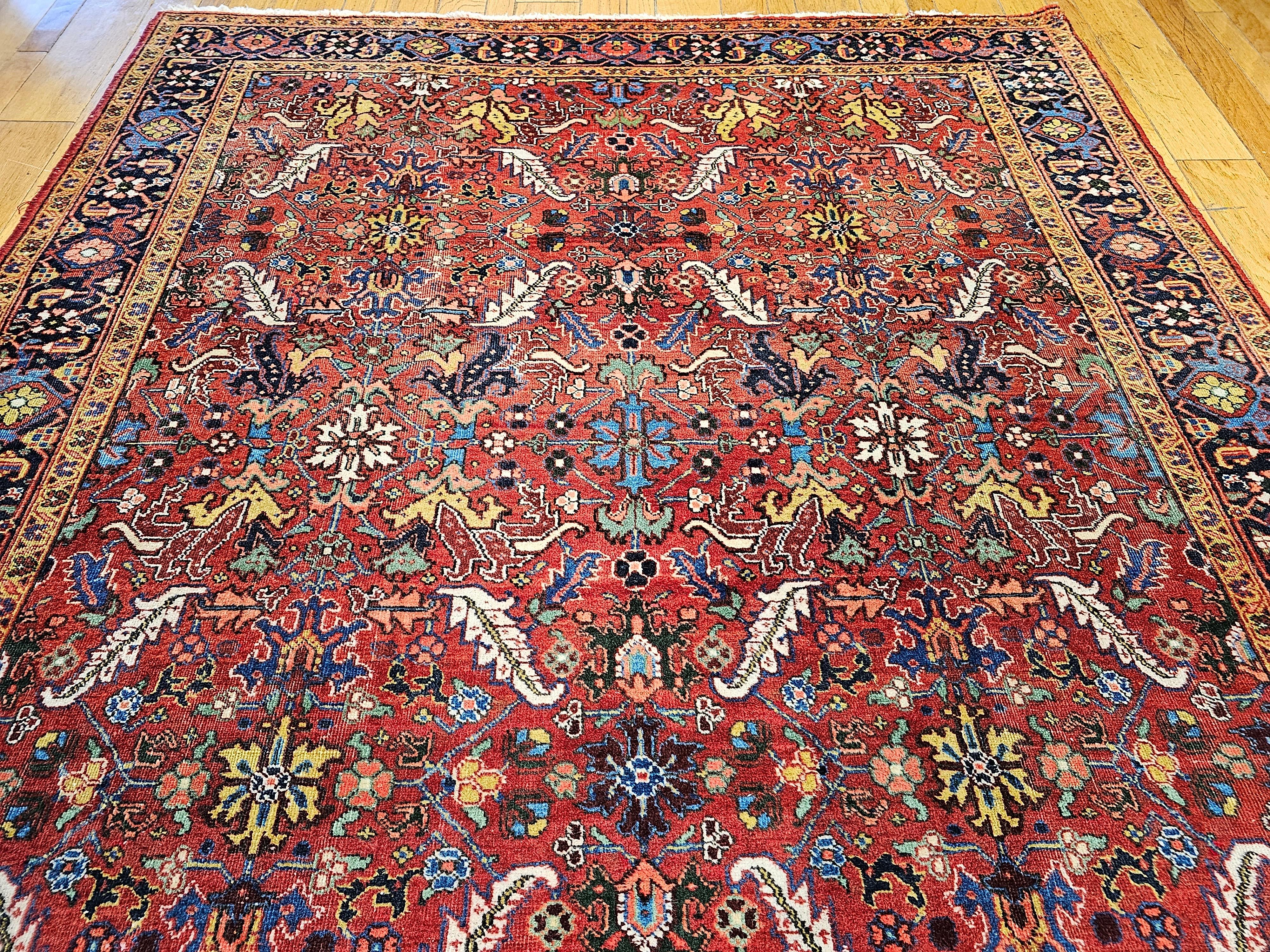 Vintage Persian Heriz Serapi Room Size Rug in Allover Pattern in Red, Blue, Pink In Good Condition For Sale In Barrington, IL