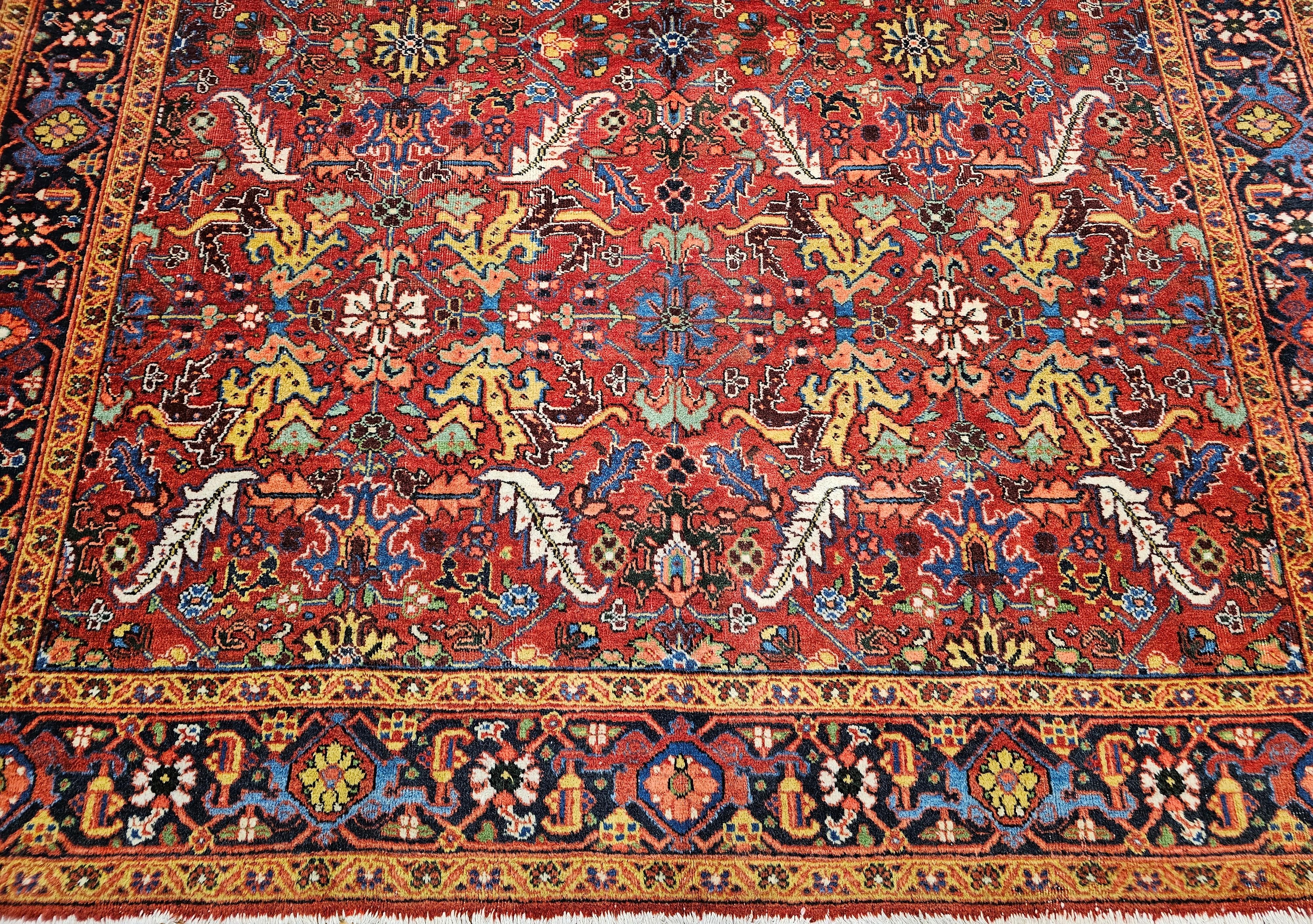 20th Century Vintage Persian Heriz Serapi Room Size Rug in Allover Pattern in Red, Blue, Pink For Sale