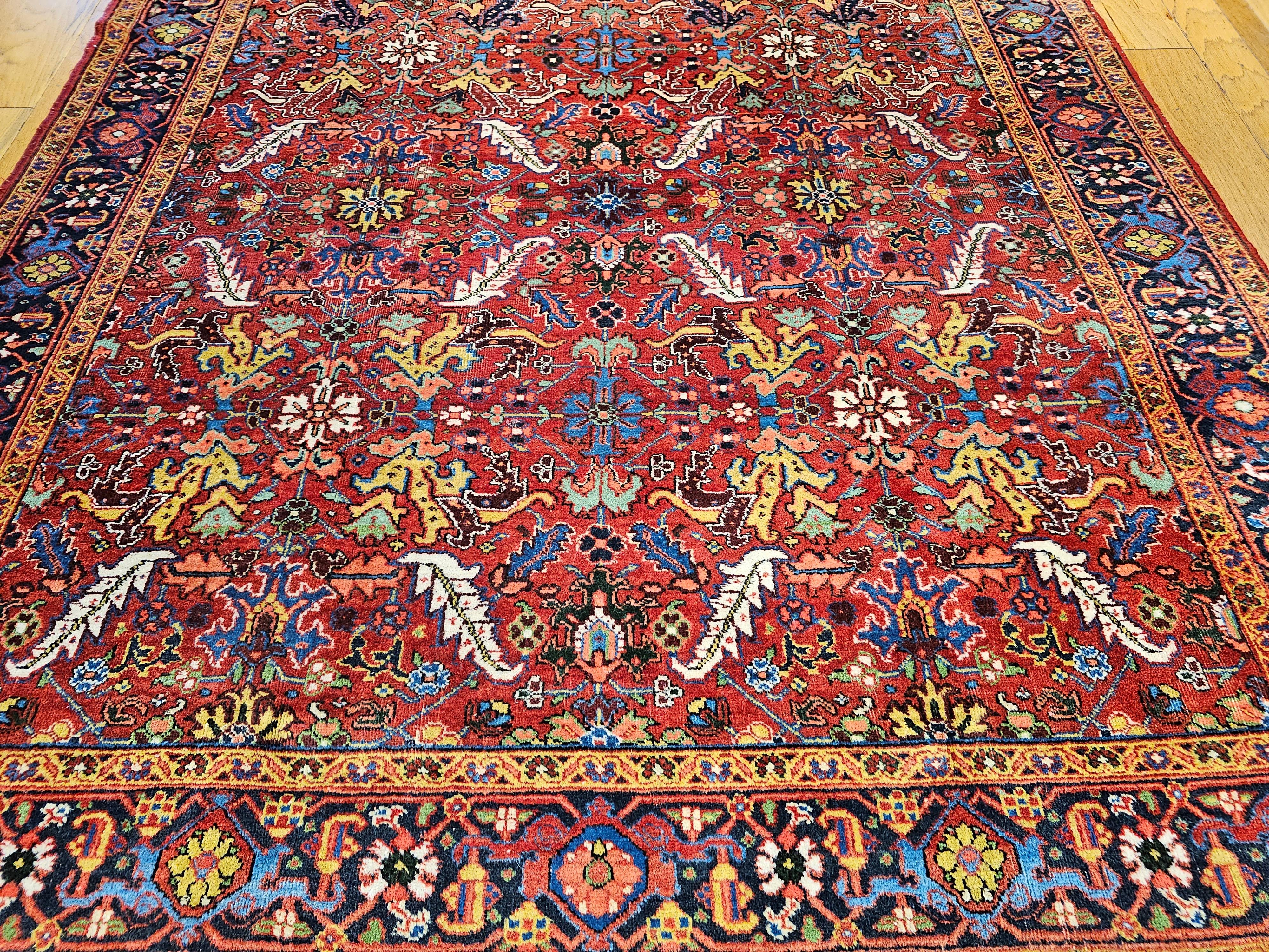 Vegetable Dyed Vintage Persian Heriz Serapi Room Size Rug in Allover Pattern in Red, Blue, Pink For Sale