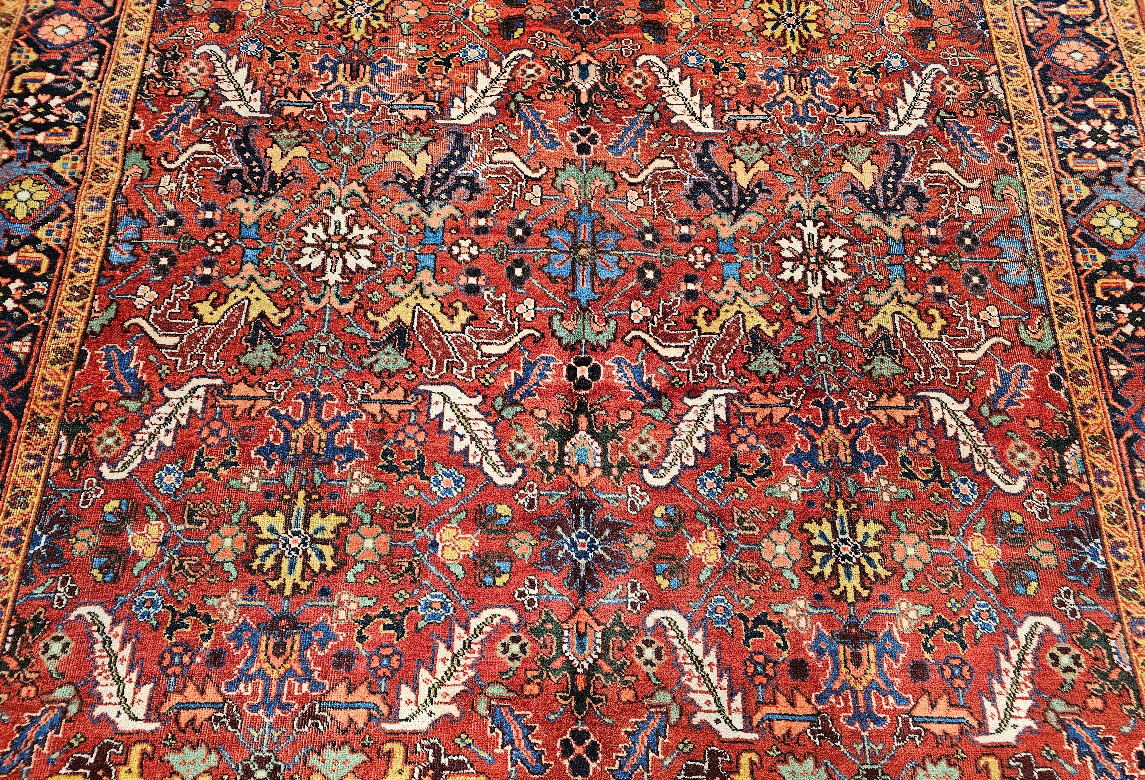 Wool Vintage Persian Heriz Serapi Room Size Rug in Allover Pattern in Red, Blue, Pink For Sale