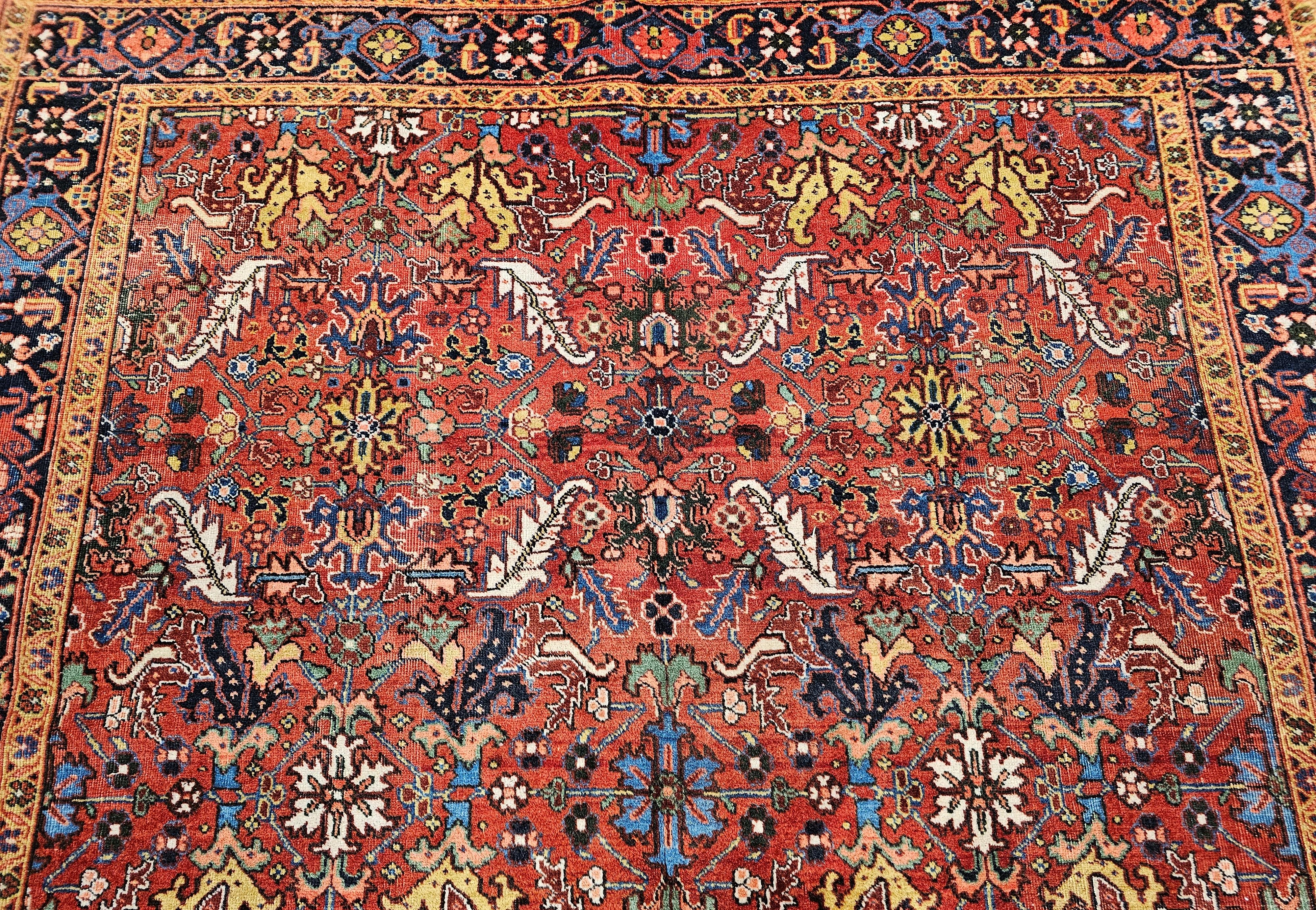 Vintage Persian Heriz Serapi Room Size Rug in Allover Pattern in Red, Blue, Pink For Sale 1