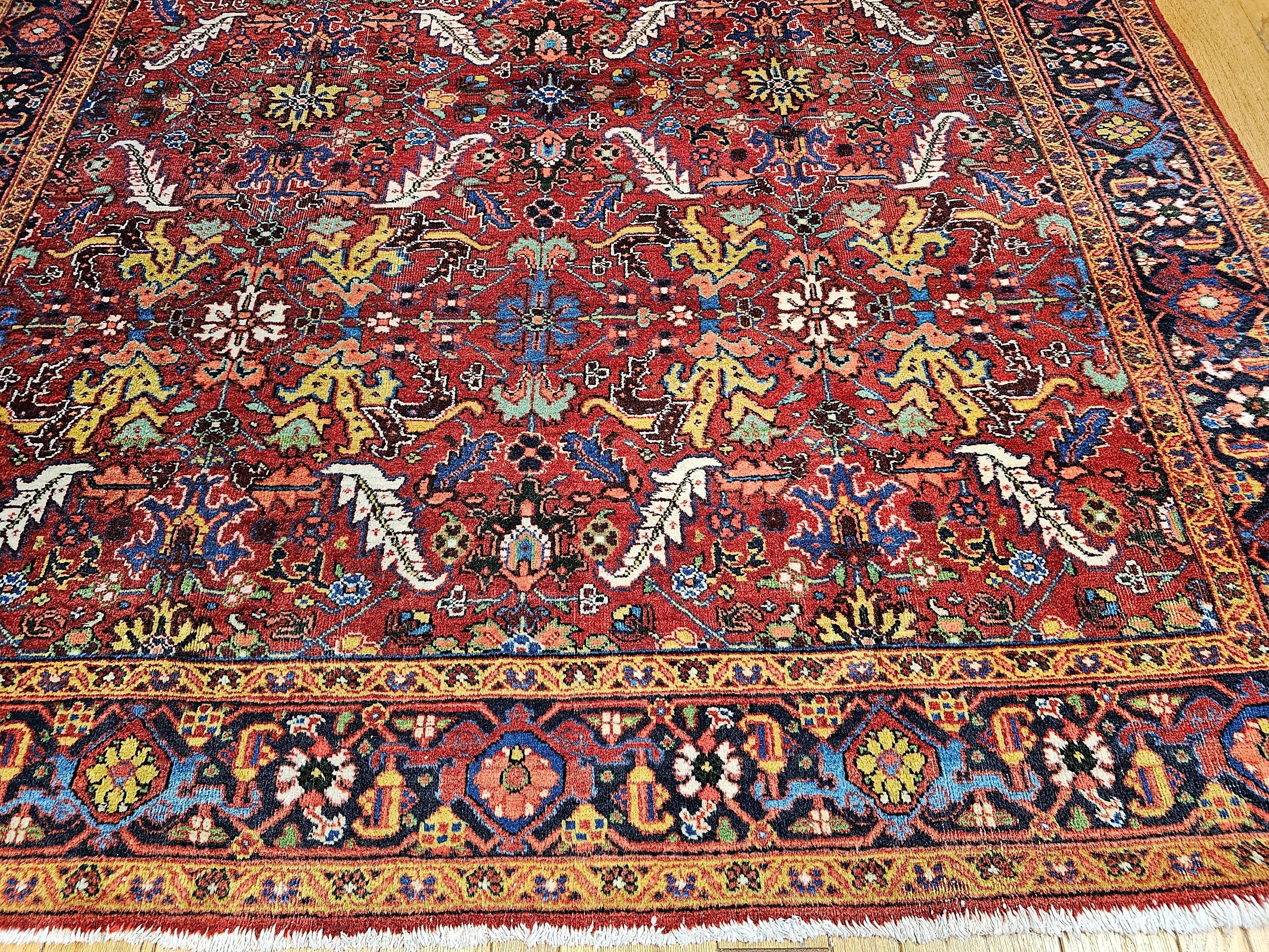 Vintage Persian Heriz Serapi Room Size Rug in Allover Pattern in Red, Blue, Pink For Sale 2