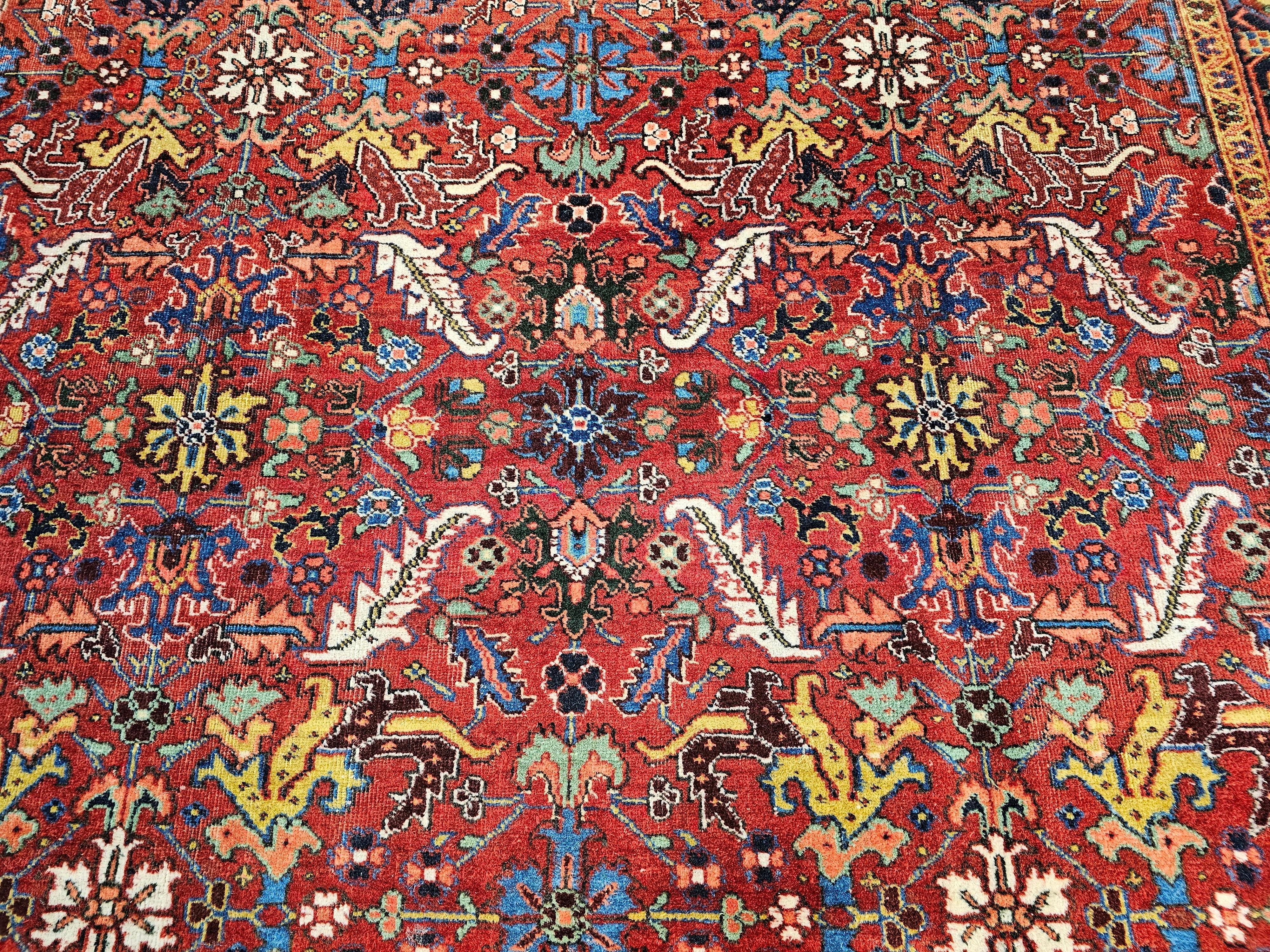 Vintage Persian Heriz Serapi Room Size Rug in Allover Pattern in Red, Blue, Pink For Sale 3