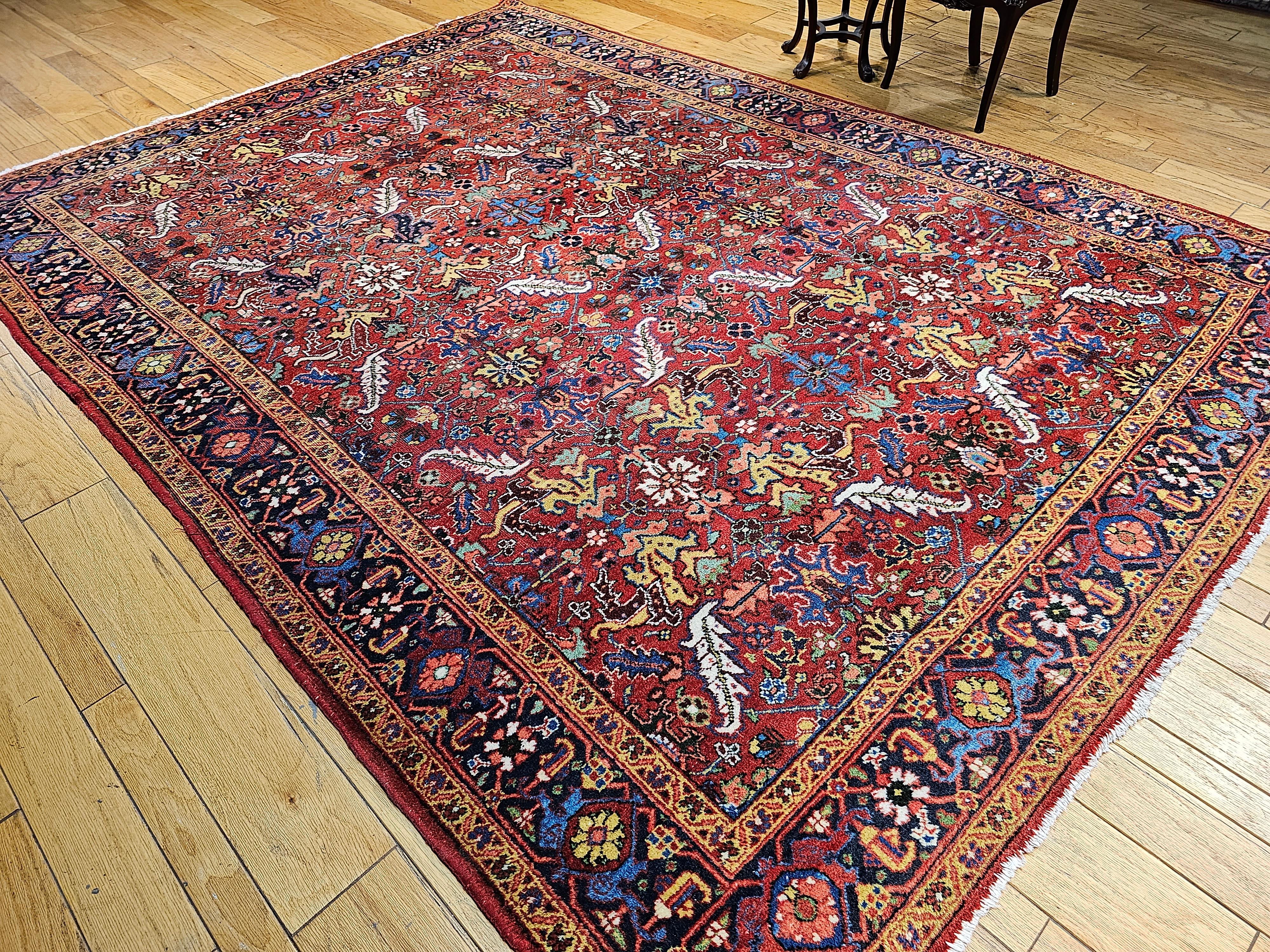 Vintage Persian Heriz Serapi Room Size Rug in Allover Pattern in Red, Blue, Pink For Sale 6