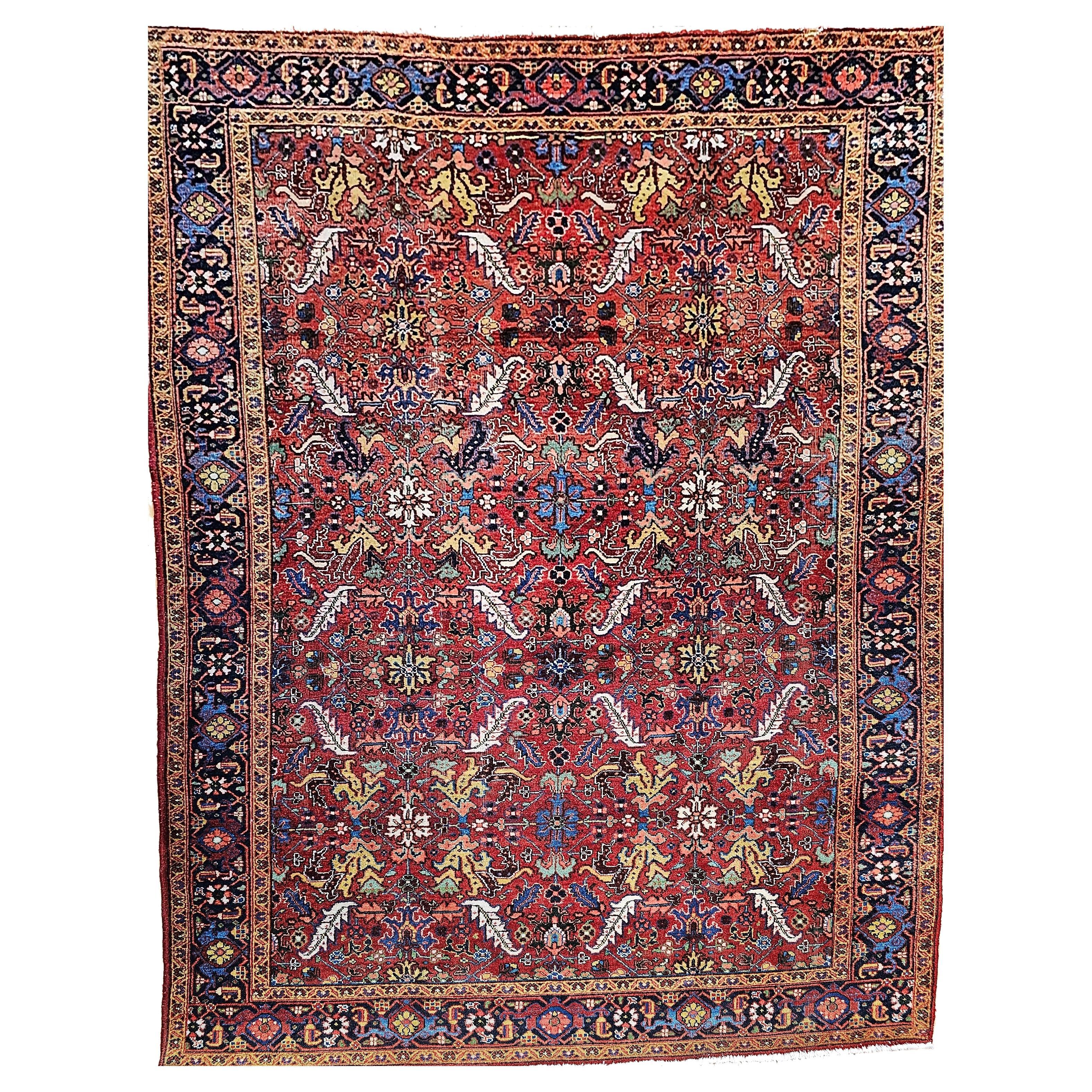 Vintage Persian Heriz Serapi Room Size Rug in Allover Pattern in Red, Blue, Pink For Sale