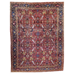 Antique Persian Heriz Serapi Room Size Rug in Allover Pattern in Red, Blue, Pink