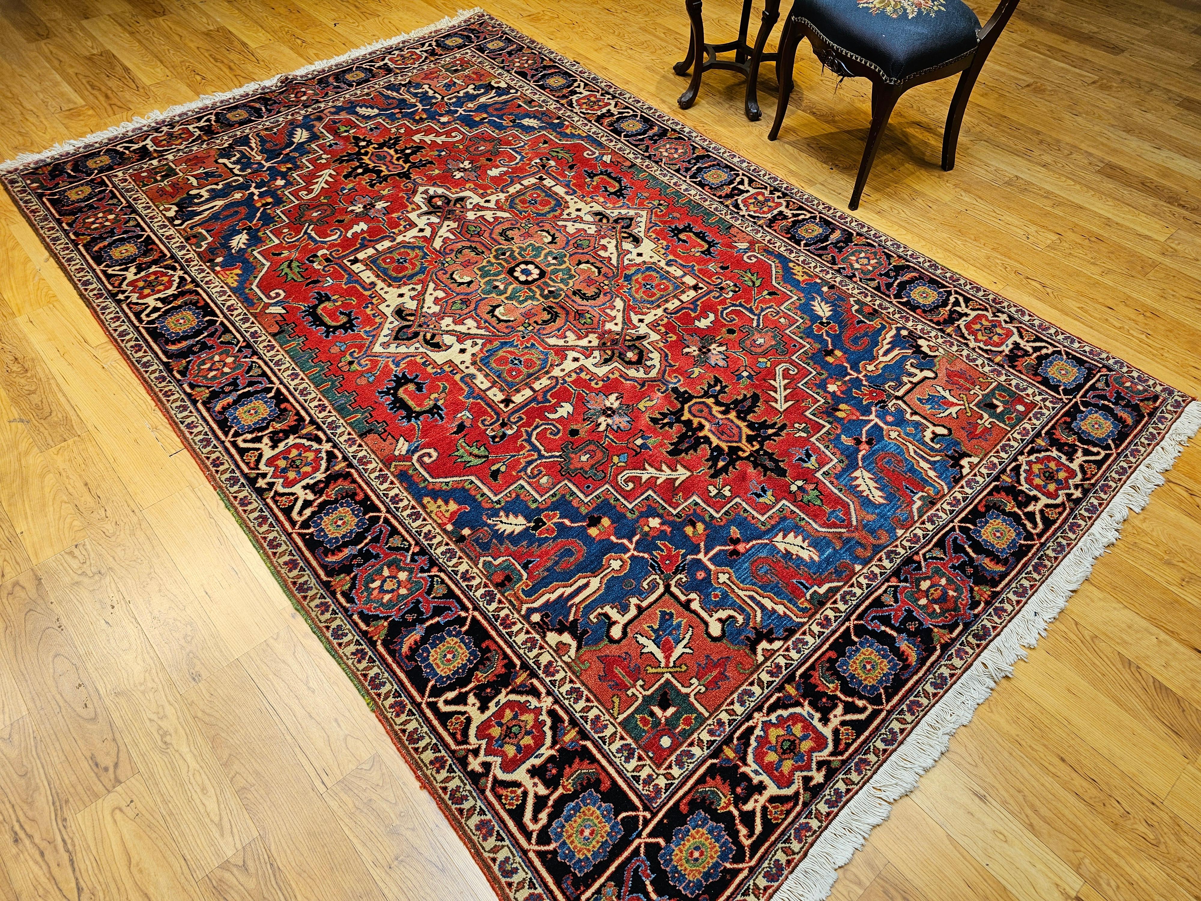 Persischer Heriz Serapi-Teppich aus Terrakotta in Französisch Blau, Grün, Elfenbein, Rot, Vintage im Angebot 7