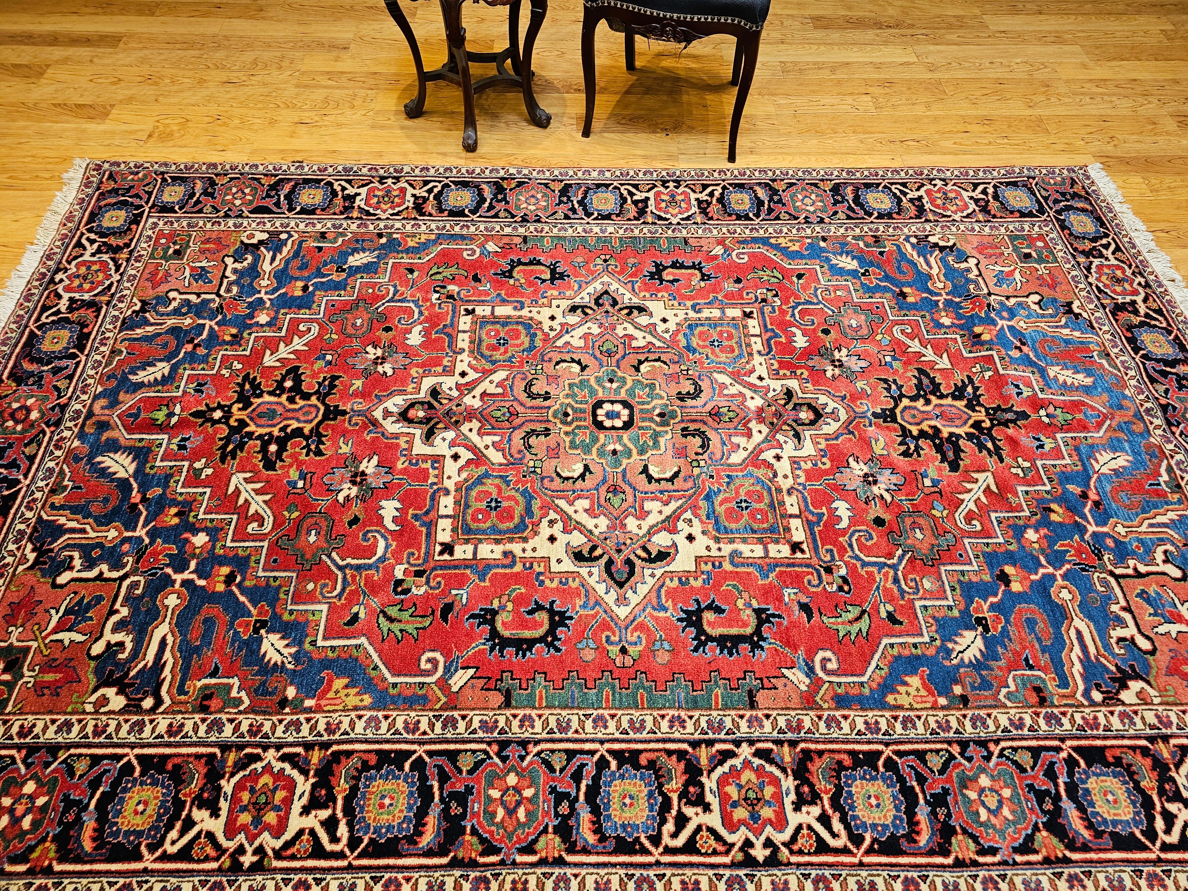 Persischer Heriz Serapi-Teppich aus Terrakotta in Französisch Blau, Grün, Elfenbein, Rot, Vintage im Angebot 10