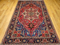 Vintage Persian Heriz Serapi Rug in Terracotta, French Blue, Green, Ivory, Red