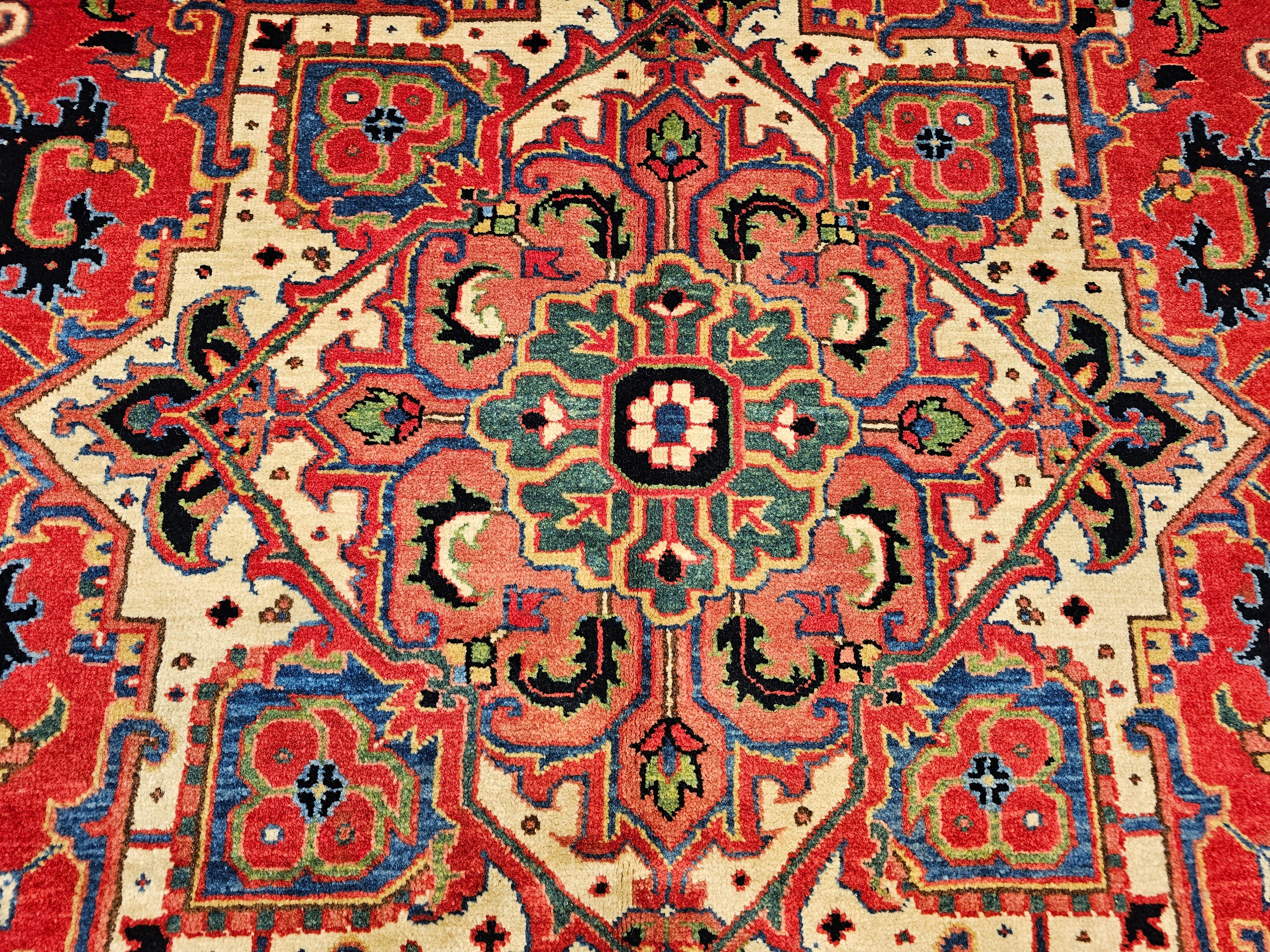 Persischer Heriz Serapi-Teppich aus Terrakotta in Französisch Blau, Grün, Elfenbein, Rot, Vintage im Angebot 2