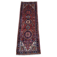 Tapis de couloir persan Heriz / Serapi vintage, russe, crème, bleu, motif tribal/animal