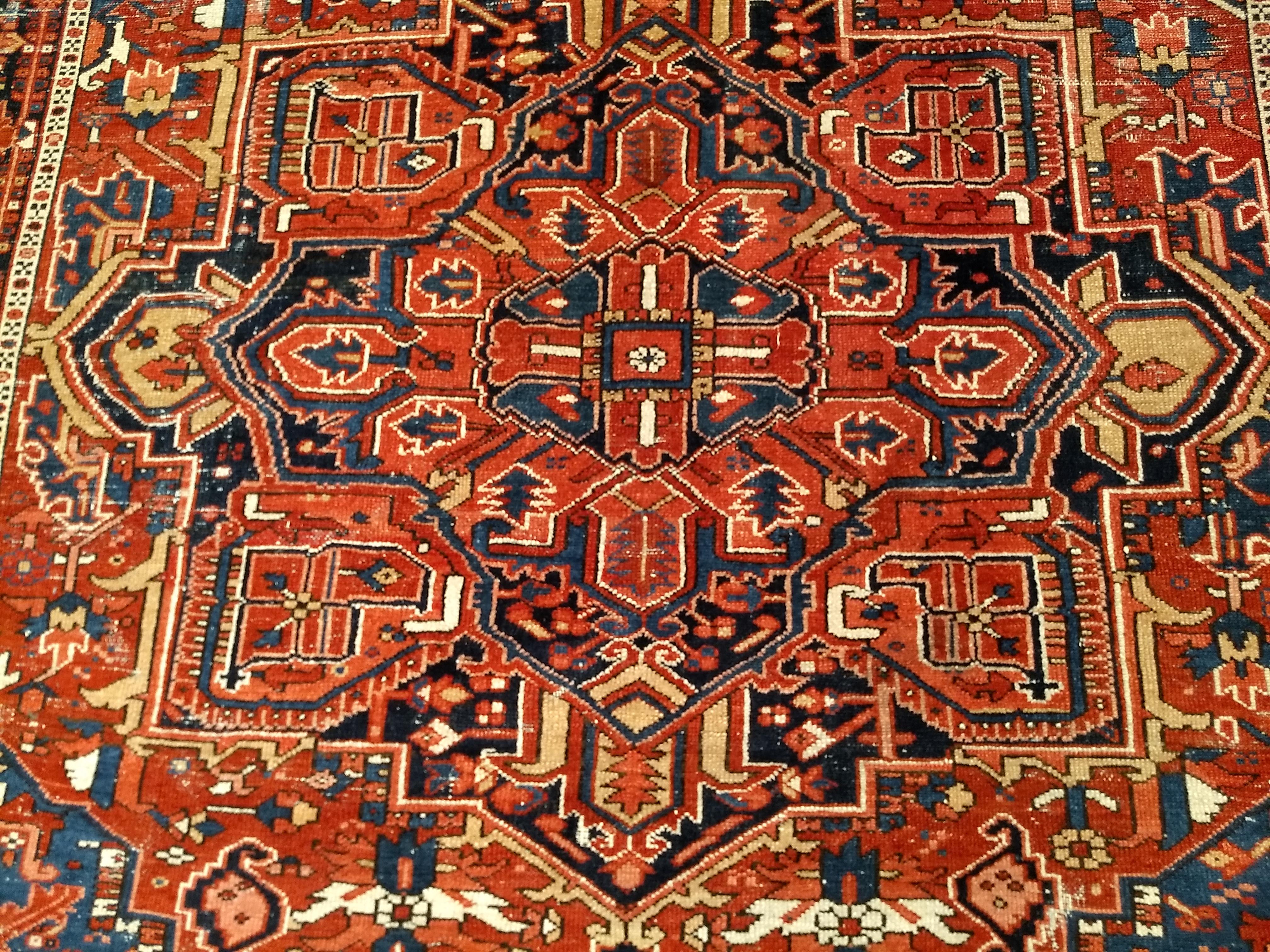 Vintage Persian Heriz Serapi with Abrash French Blue, Yellow, and Red Colors For Sale 4