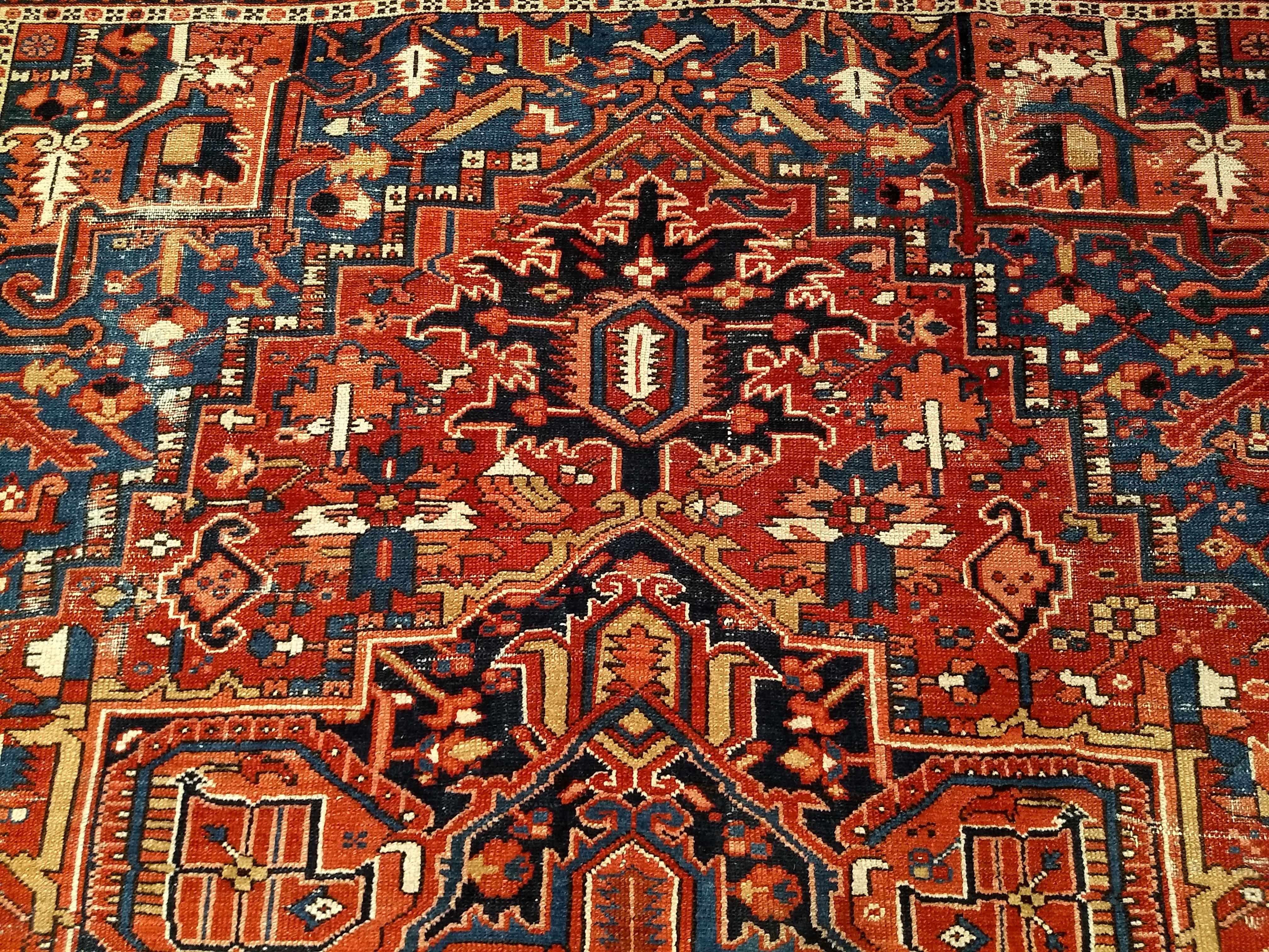 Vintage Persian Heriz Serapi with Abrash French Blue, Yellow, and Red Colors For Sale 6