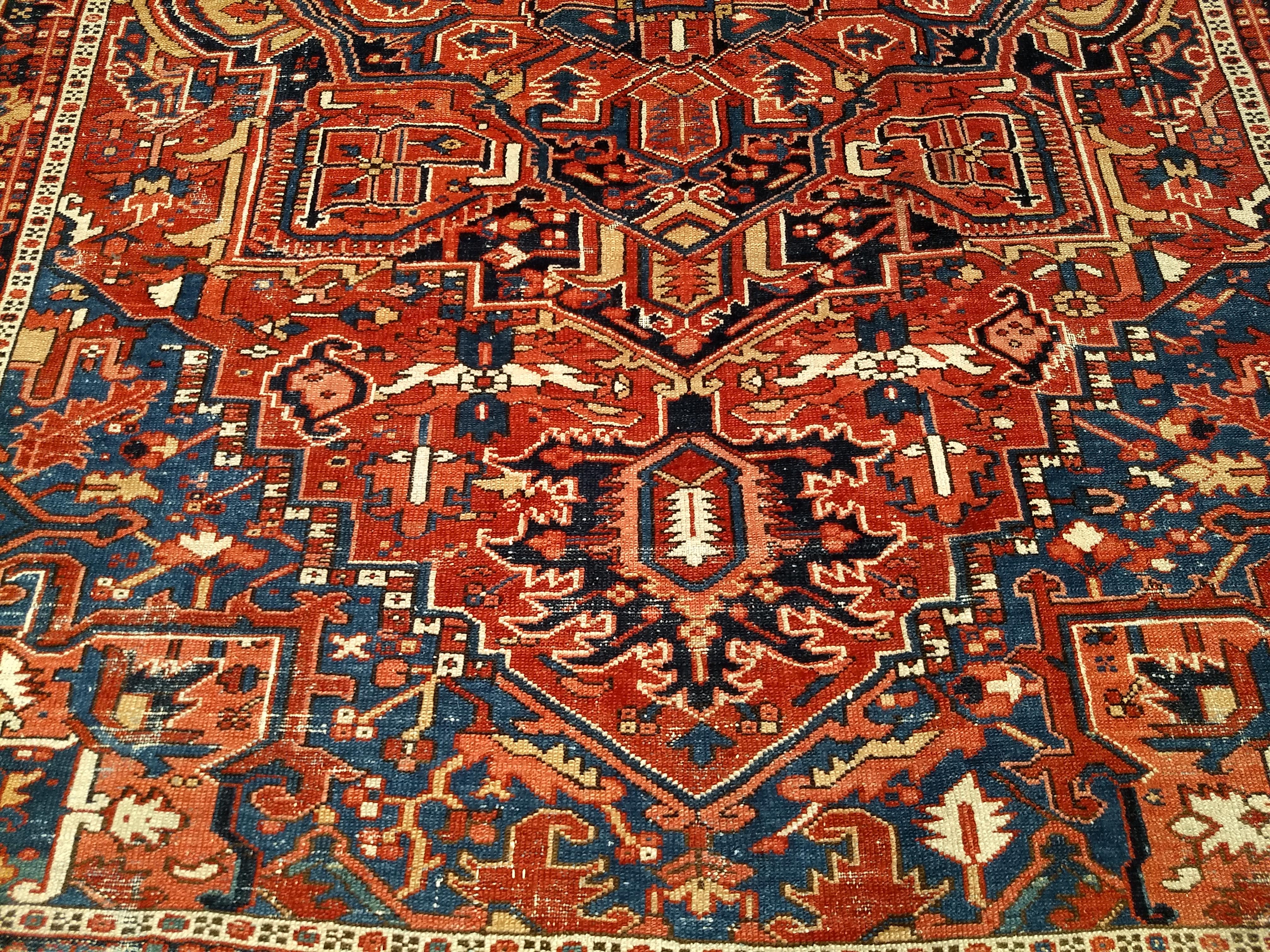 Vintage Persian Heriz Serapi with Abrash French Blue, Yellow, and Red Colors For Sale 7