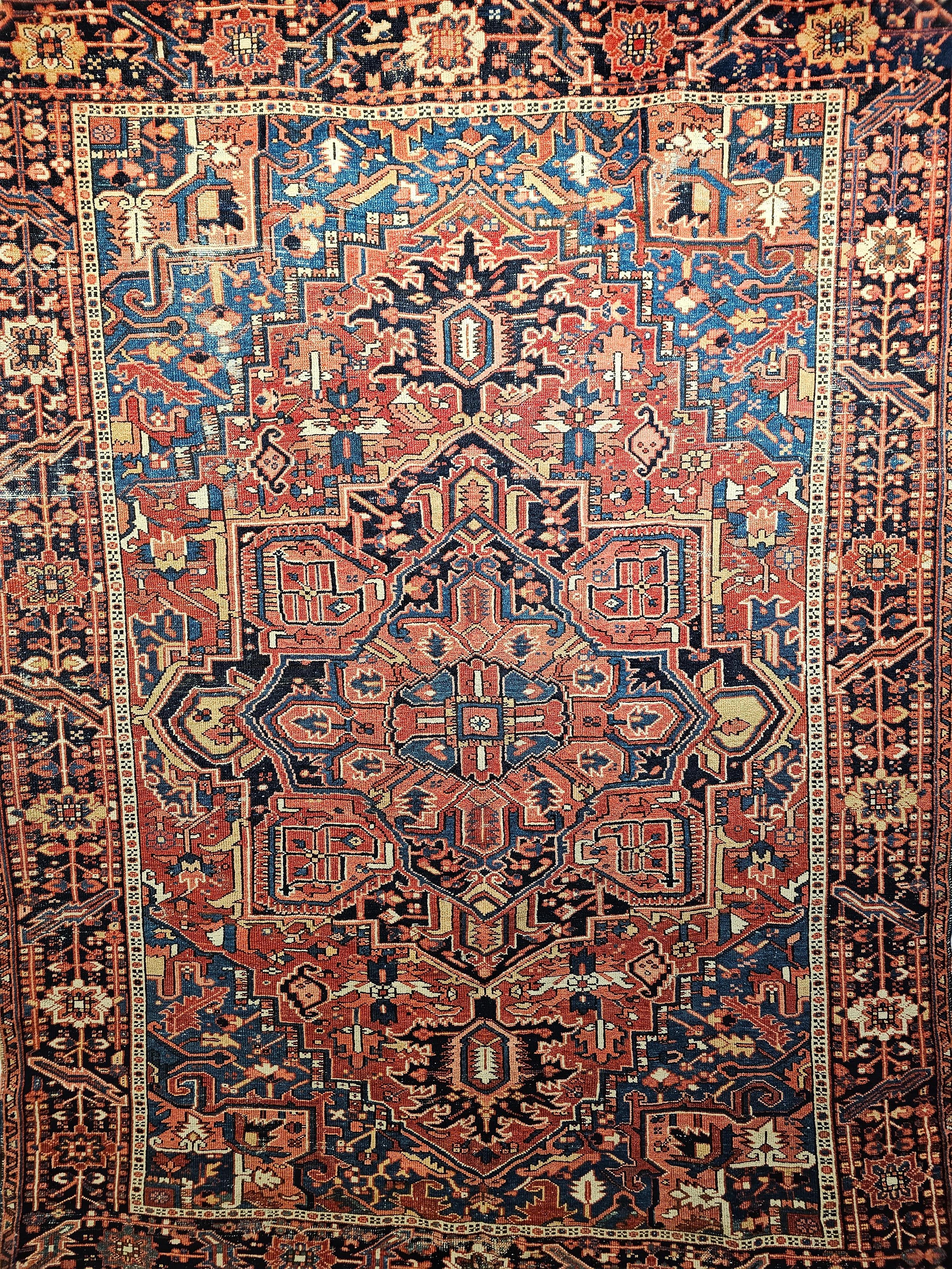 Vegetable Dyed Vintage Persian Heriz Serapi with Abrash French Blue, Yellow, and Red Colors For Sale