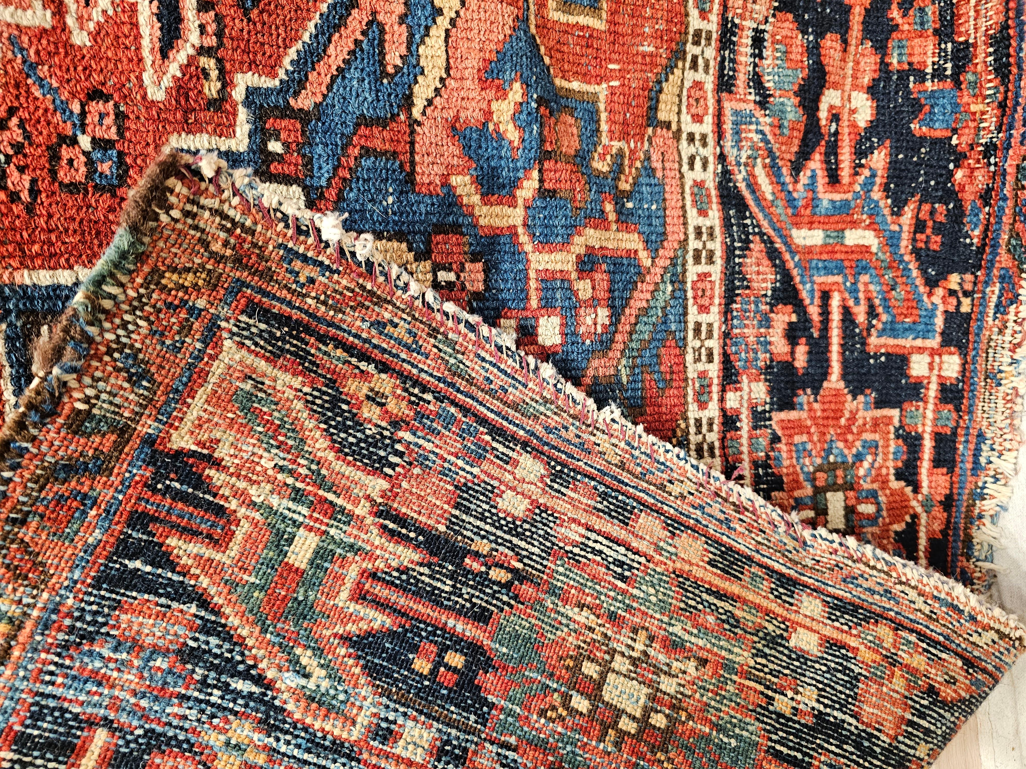 Vintage Persian Heriz Serapi with Abrash French Blue, Yellow, and Red Colors For Sale 3