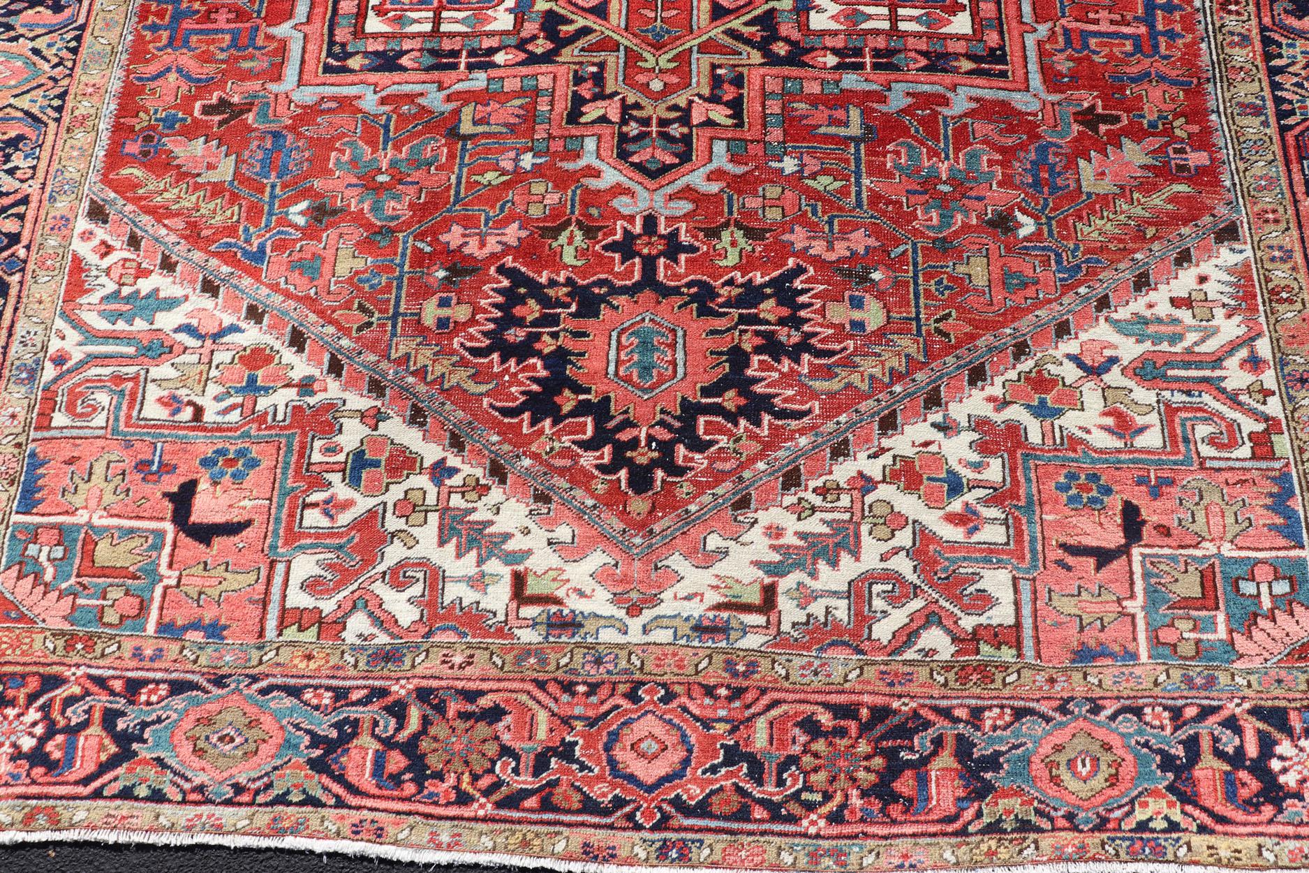 Antique Persian Heriz with Central Medallion Design in Red and Jewel Tones  For Sale 3