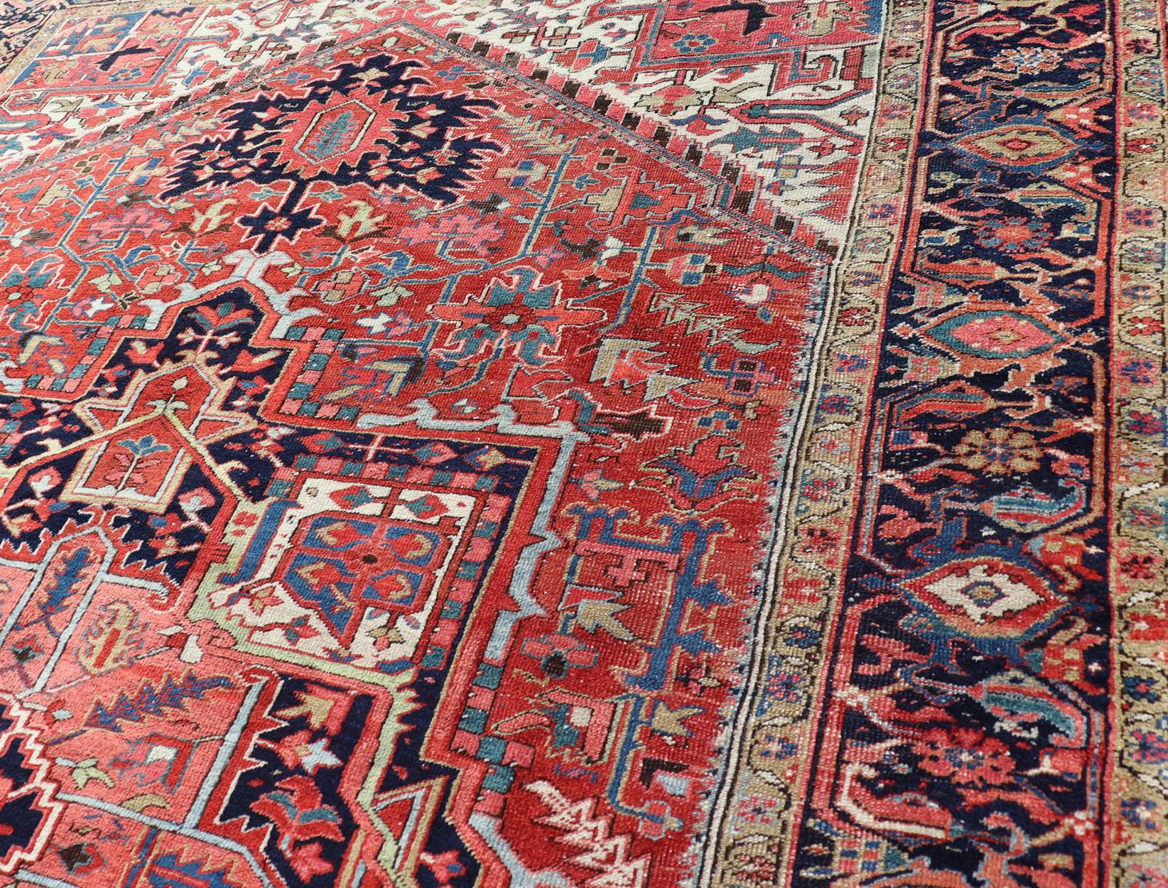 Antique Persian Heriz with Central Medallion Design in Red and Jewel Tones For Sale 4