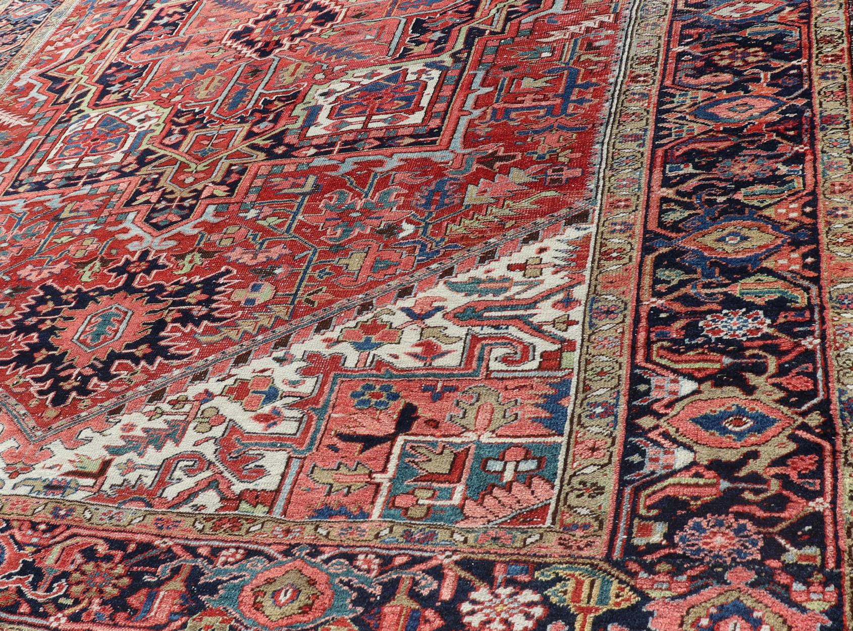 Antique Persian Heriz with Central Medallion Design in Red and Jewel Tones  For Sale 5