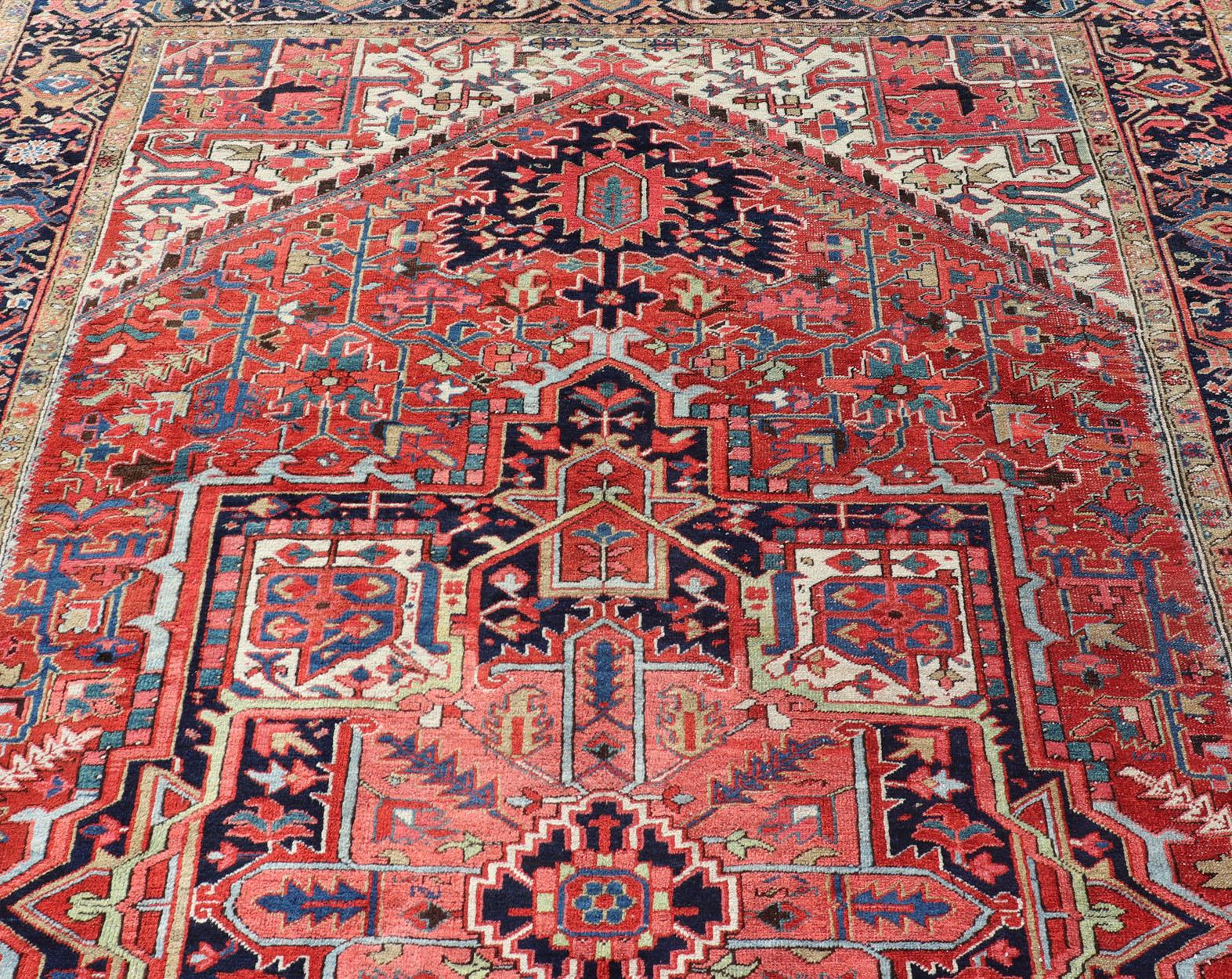 Antique Persian Heriz with Central Medallion Design in Red and Jewel Tones  For Sale 6