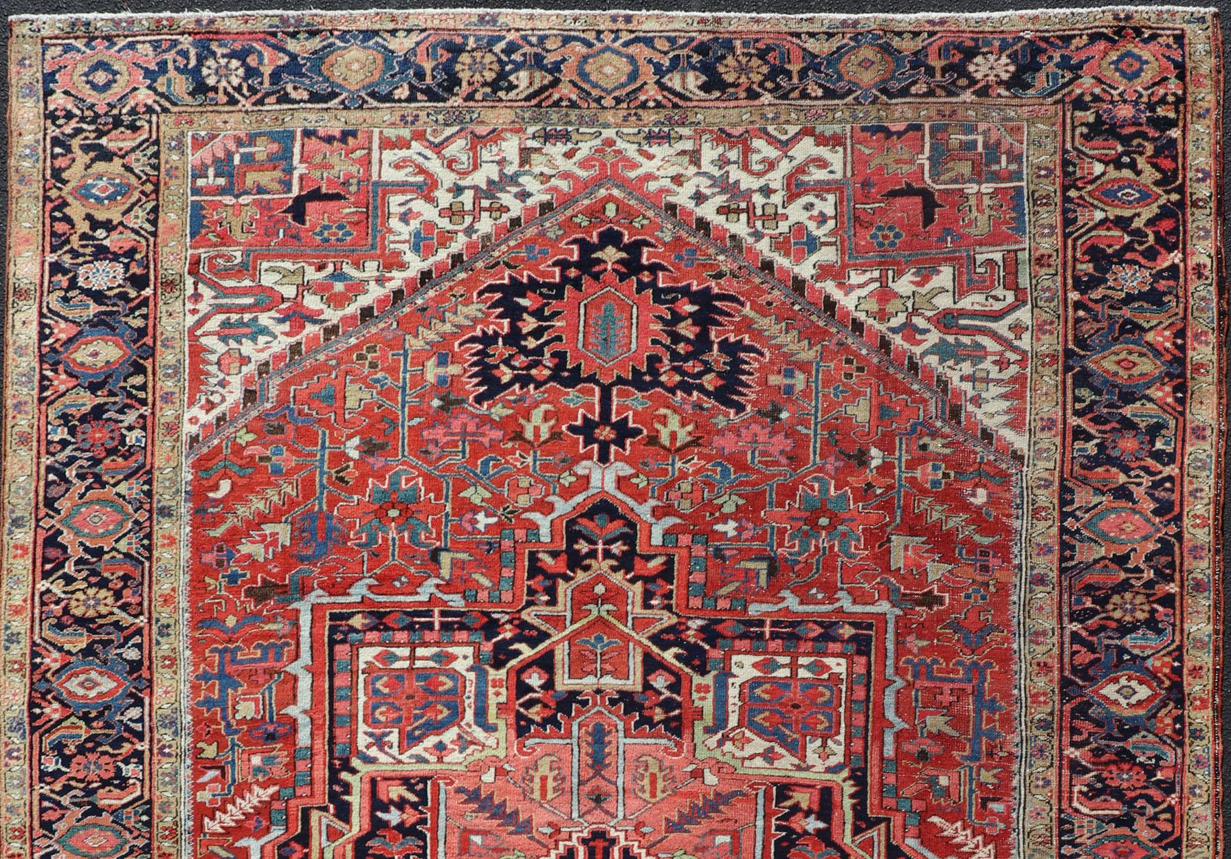 Antique Persian Heriz with Central Medallion Design in Red and Jewel Tones For Sale 7