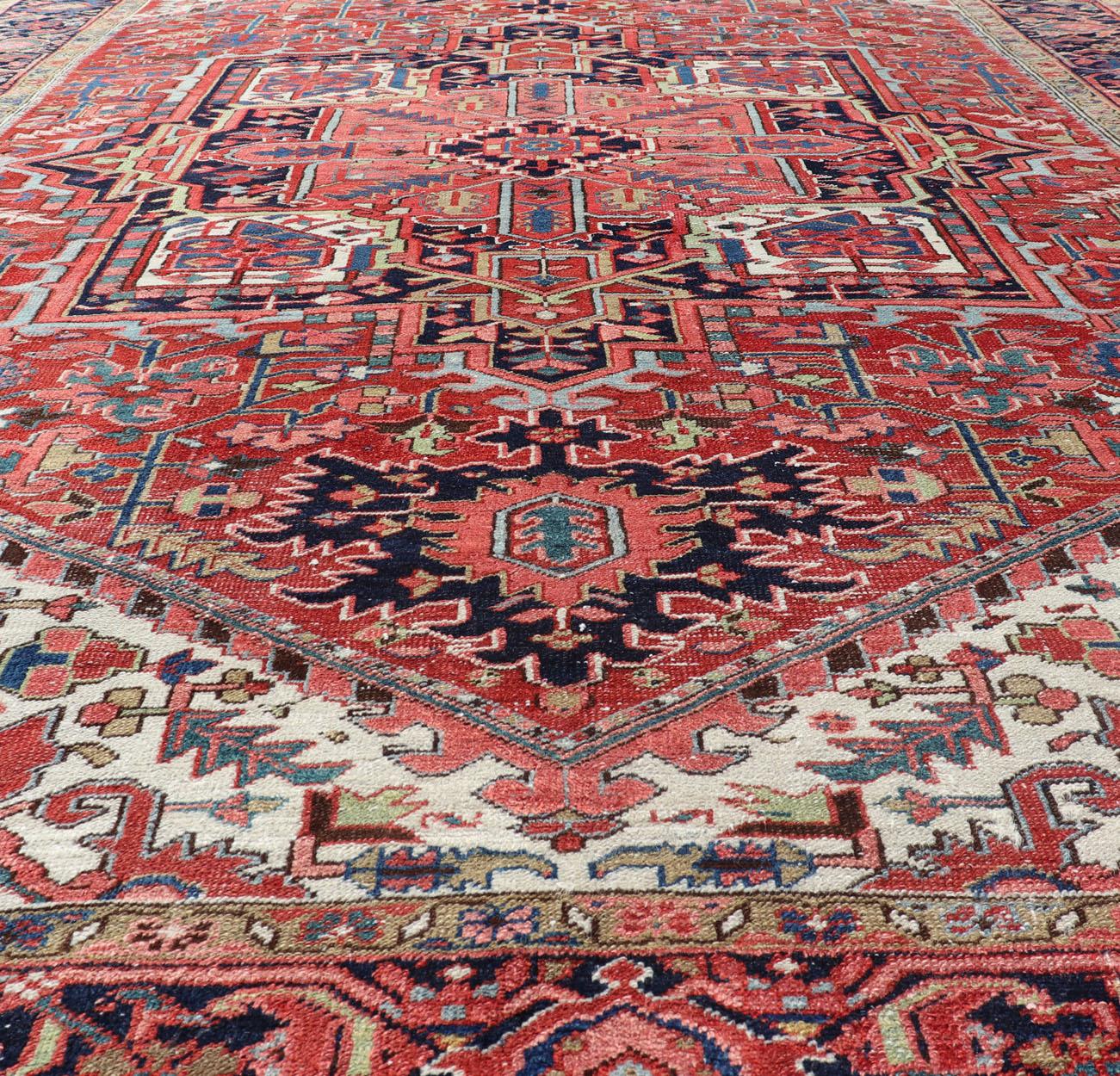 Antique Persian Heriz with Central Medallion Design in Red and Jewel Tones  In Good Condition For Sale In Atlanta, GA