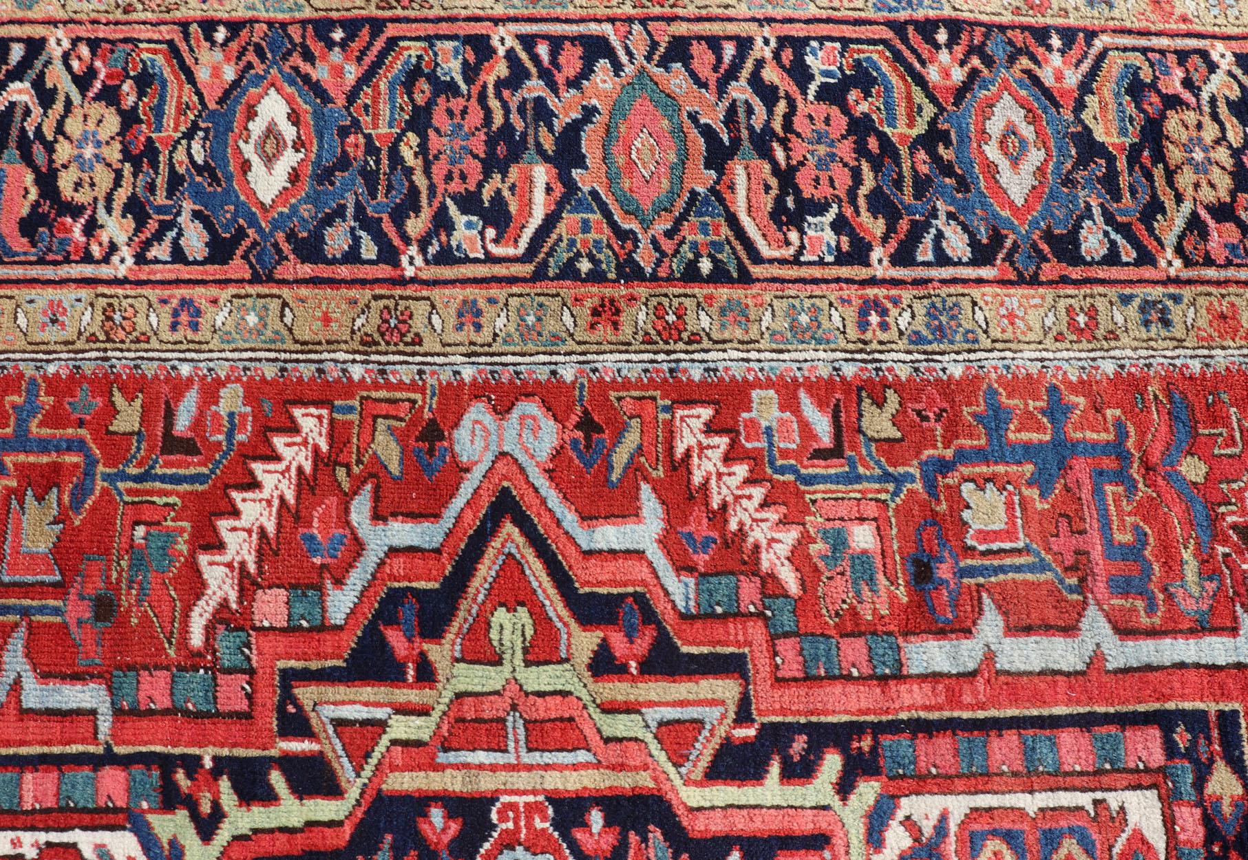 Antique Persian Heriz with Central Medallion Design in Red and Jewel Tones  For Sale 1