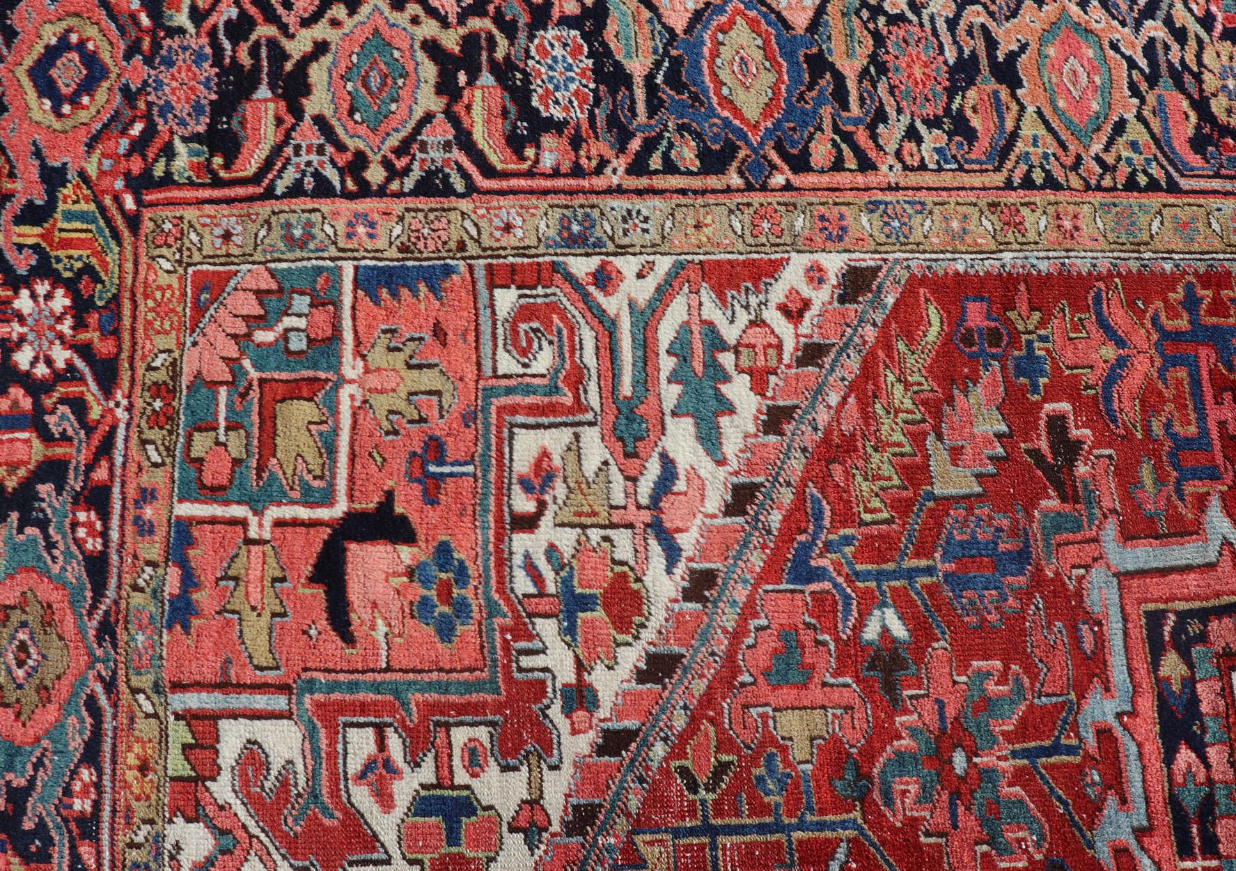 Antique Persian Heriz with Central Medallion Design in Red and Jewel Tones For Sale 2