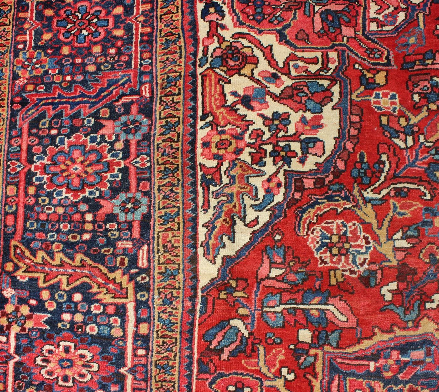 Vintage Persian Heriz with Large Medallion in Beautiful Red and Blue For Sale 3
