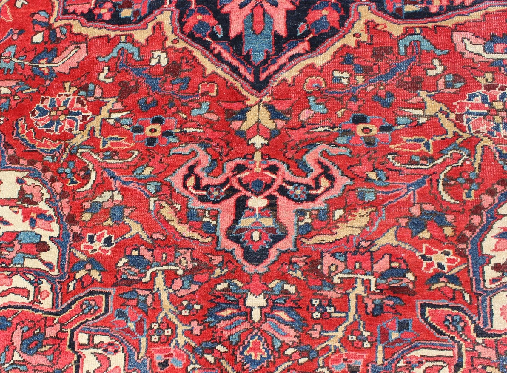 Vintage Persian Heriz with Large Medallion in Beautiful Red and Blue For Sale 4