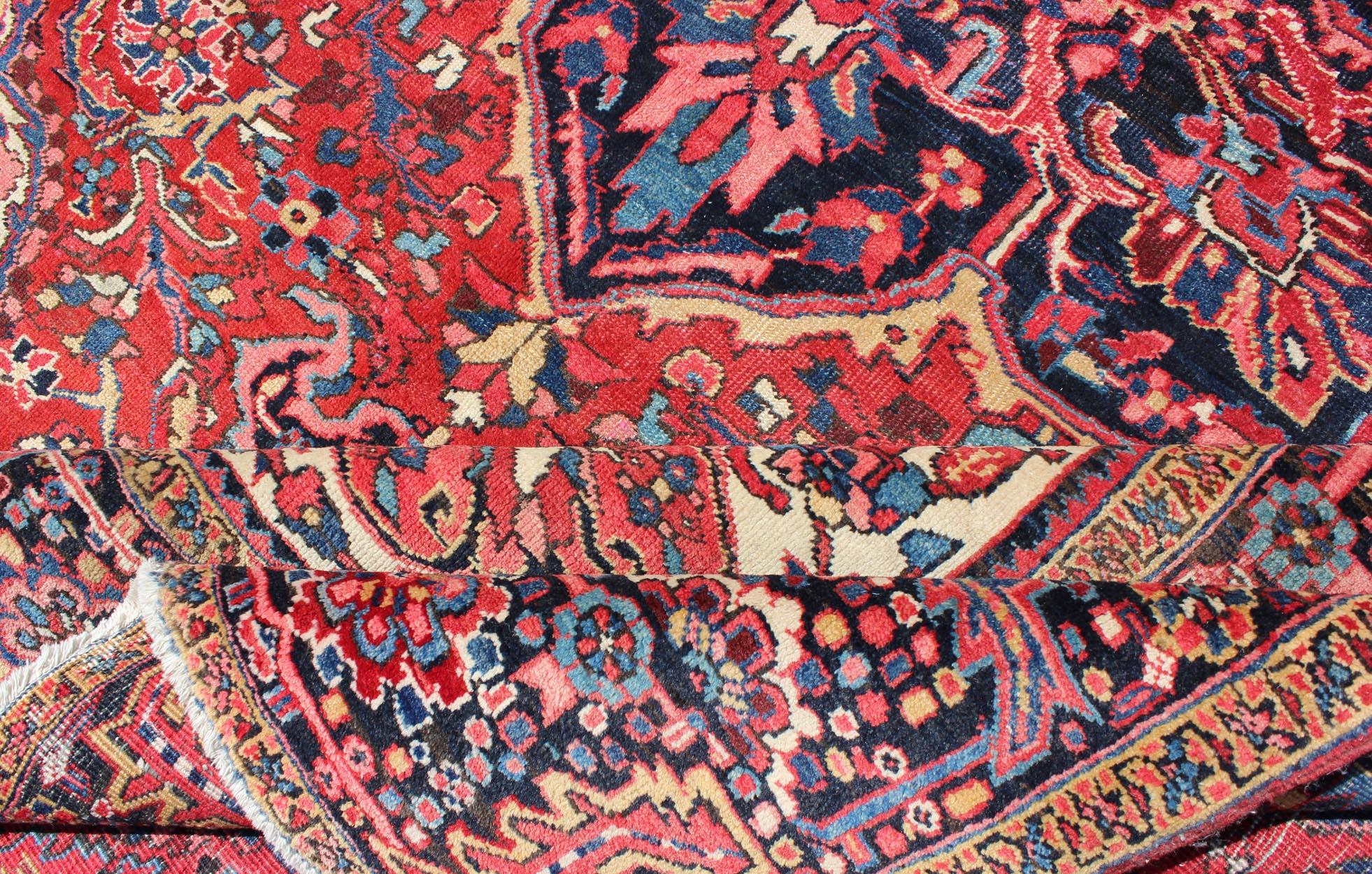Vintage Persian Heriz with Large Medallion in Beautiful Red and Blue For Sale 5