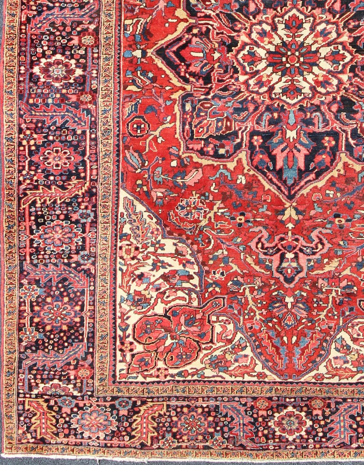 Heriz Serapi Vintage Persian Heriz with Large Medallion in Beautiful Red and Blue For Sale