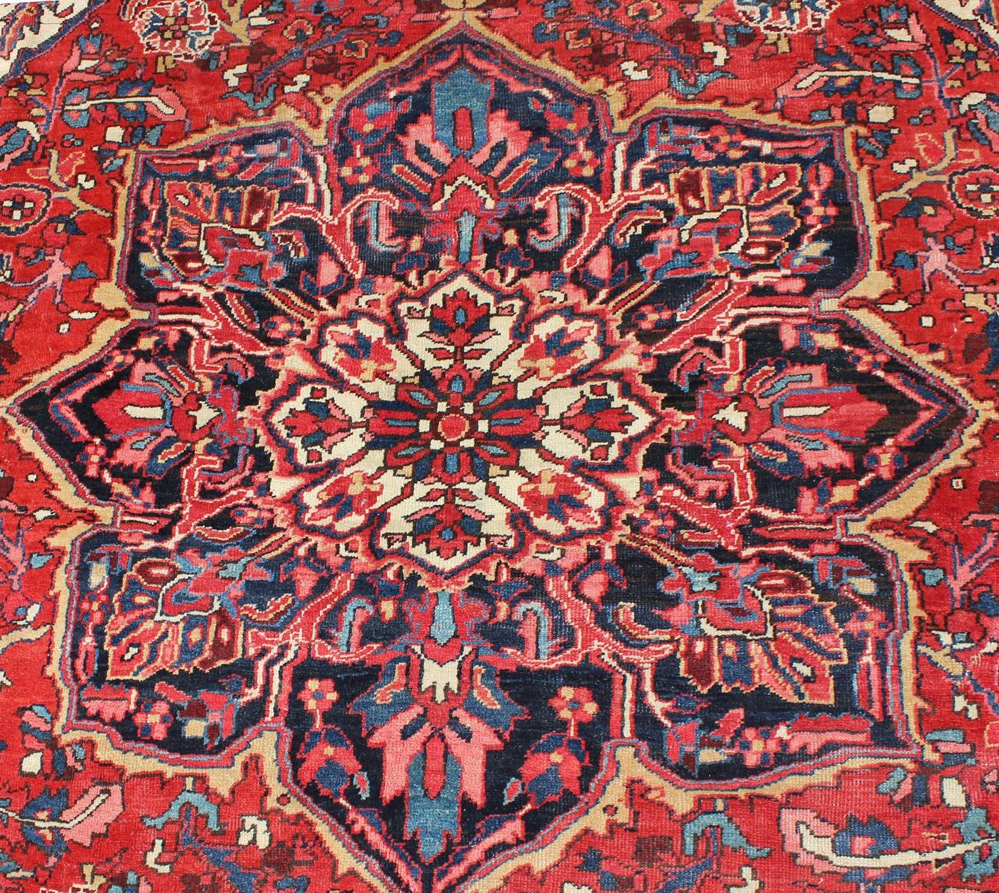 Vintage Persian Heriz with Large Medallion in Beautiful Red and Blue For Sale 1