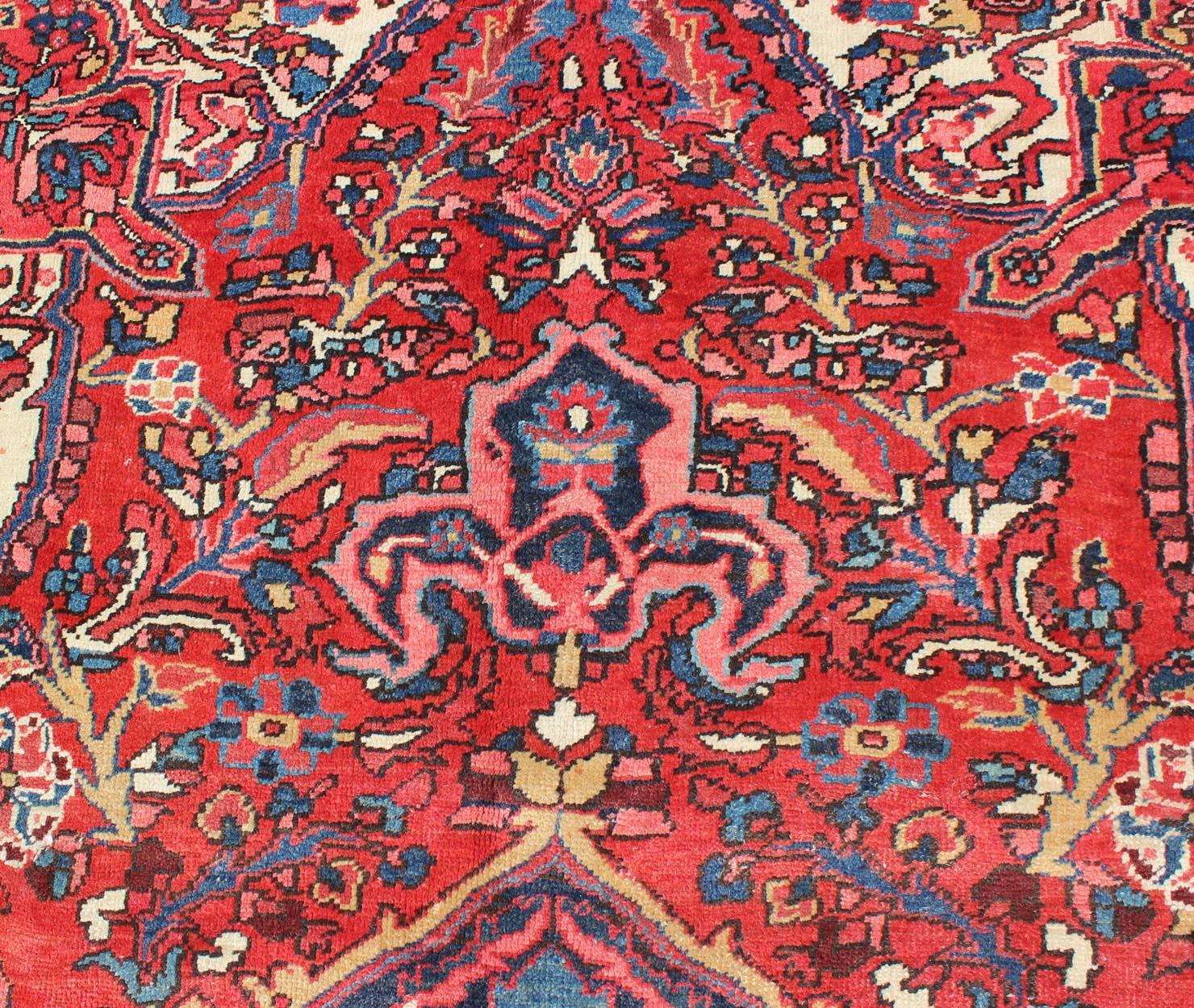 Vintage Persian Heriz with Large Medallion in Beautiful Red and Blue For Sale 2