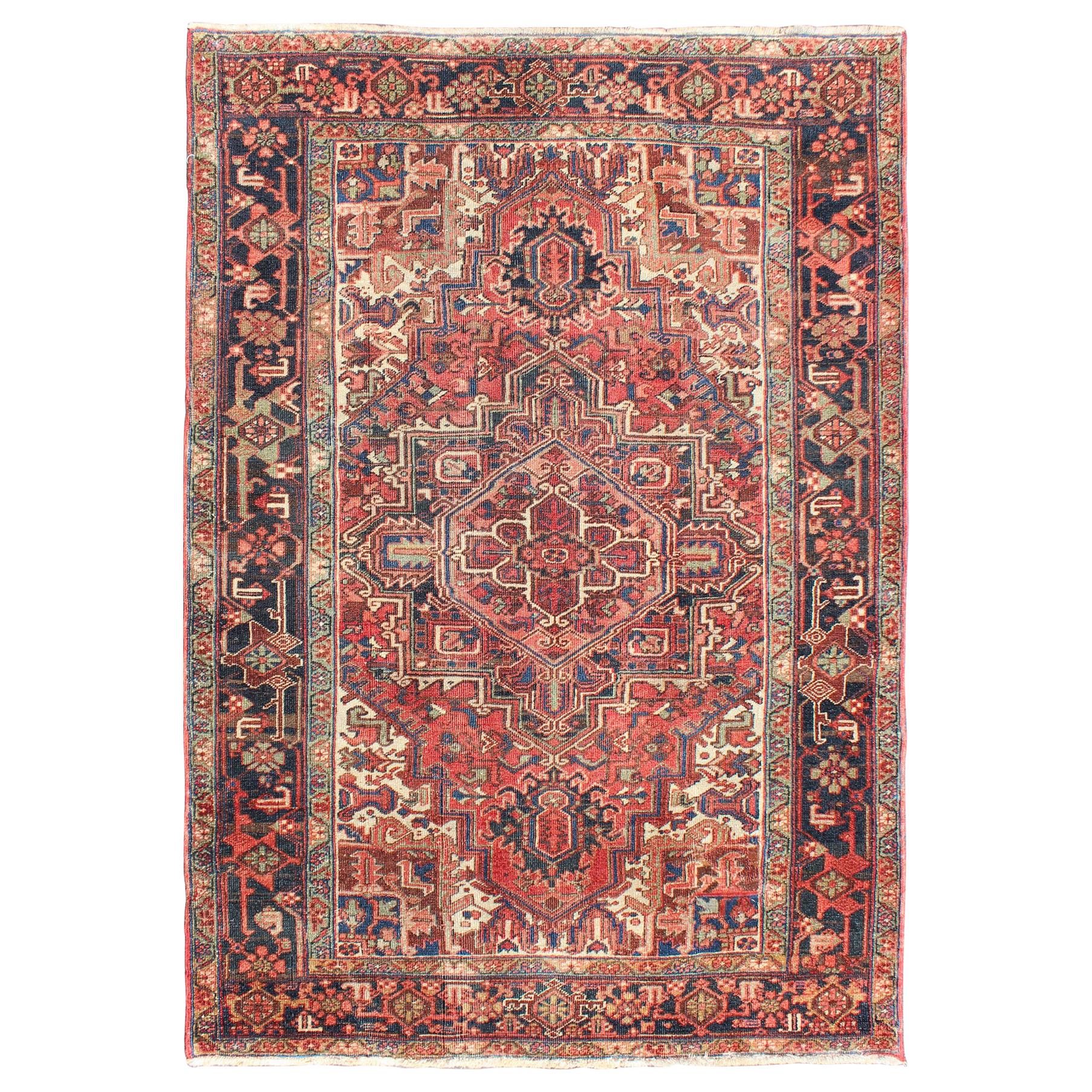 Vintage Persian Heriz With Medallion In, Red Persian Rug