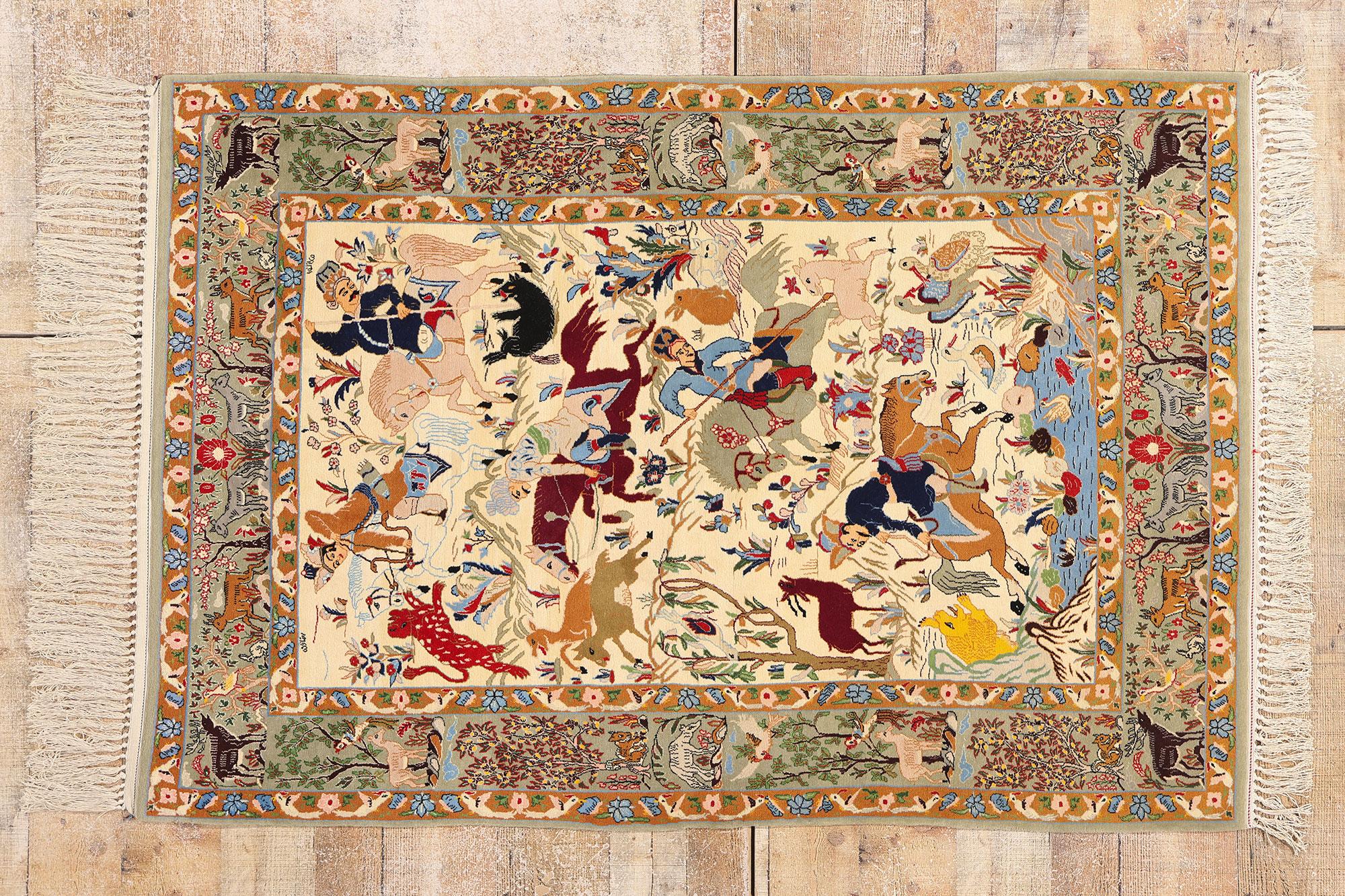 Vintage Persian Hunting Isfahan Carpet with Traditional Style For Sale 2