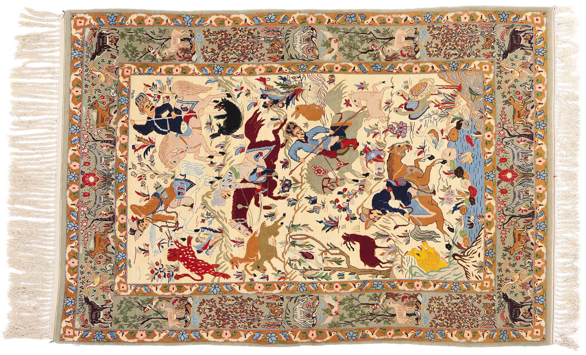 Vintage Persian Hunting Isfahan Carpet with Traditional Style For Sale 3